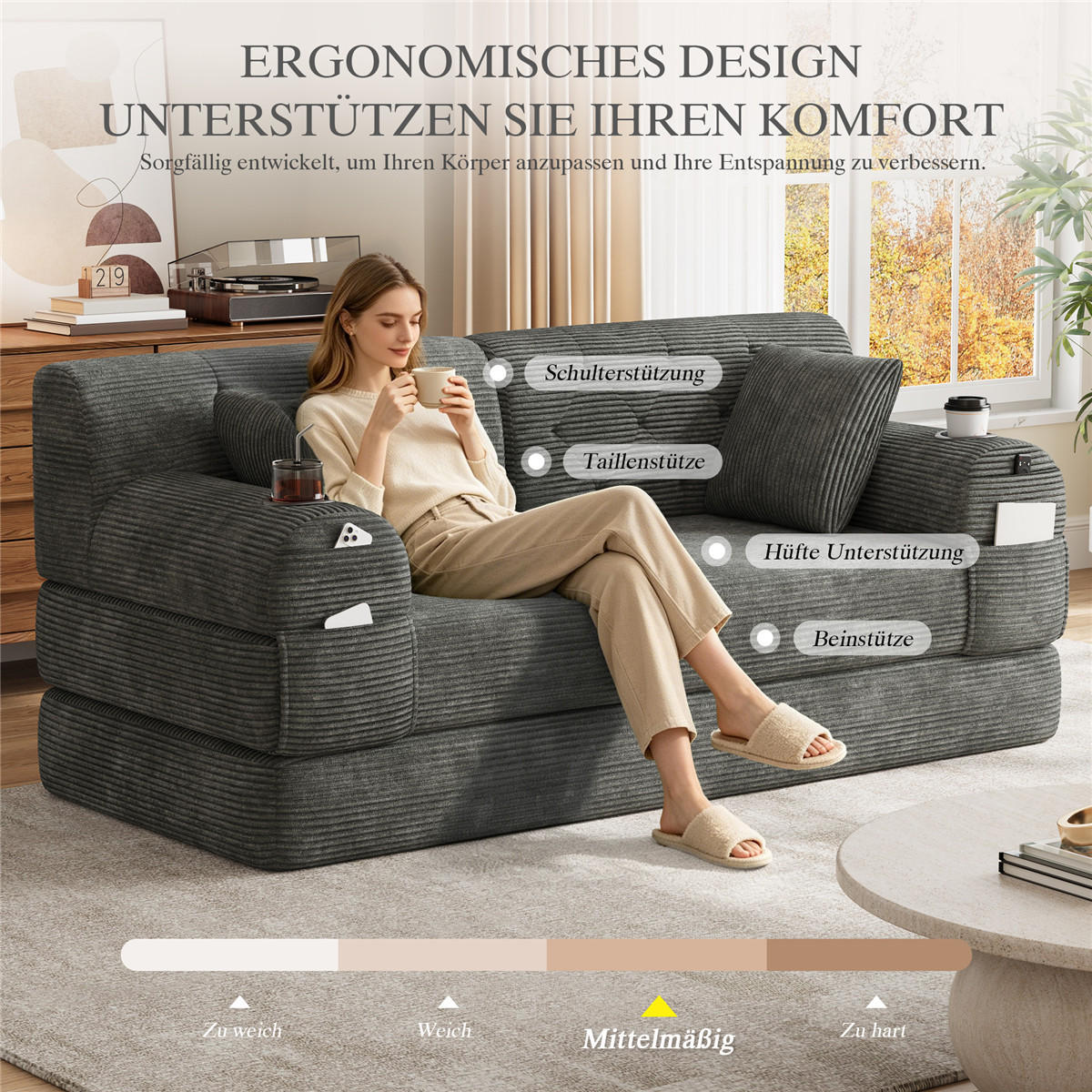 SCHLAFSOFA 2-Sitzer Cord Schlafcouch mit Stauraumtaschen, Grau - Grau, Textil (168/81/80cm) - Kaket