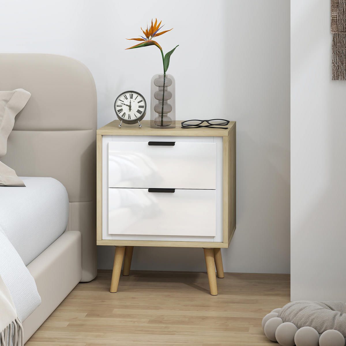 NACHTSCHRANK DE-12907 2 leise Schubladen Weiß - Eichefarben, Holzwerkstoff (35/50/40cm) - ComfortXL