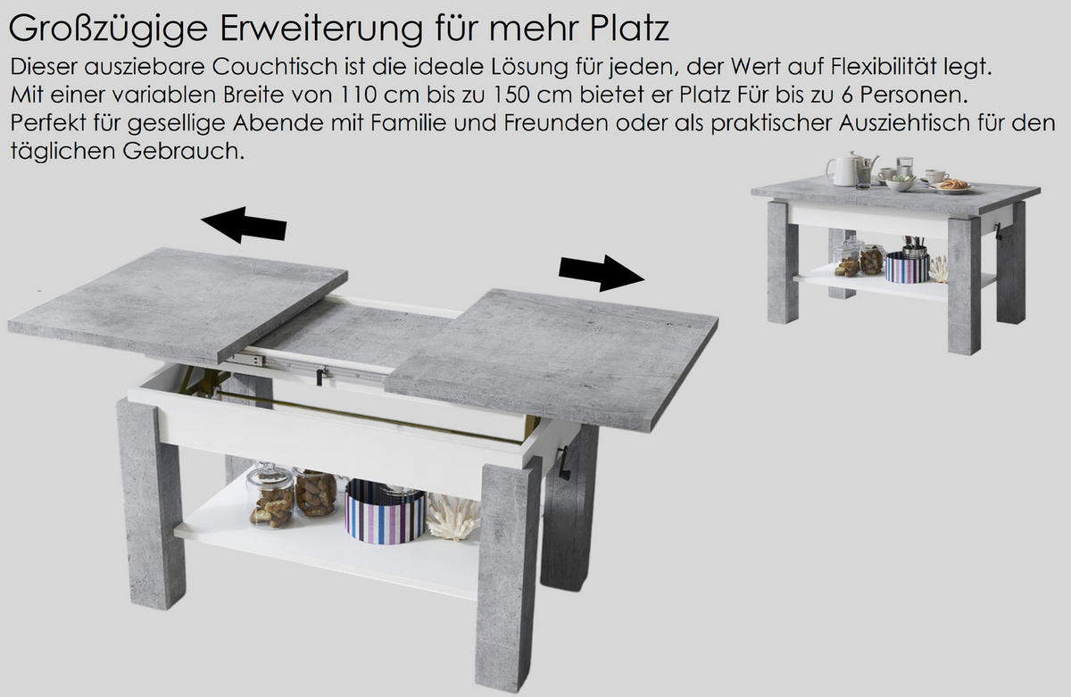 COUCHTISCH rechteckig Eiche Artisan - Anthrazit ausziehbar höhenverstellbar - Anthrazit/Eiche Artisan, Holzwerkstoff (68/110/59cm) - designimpex