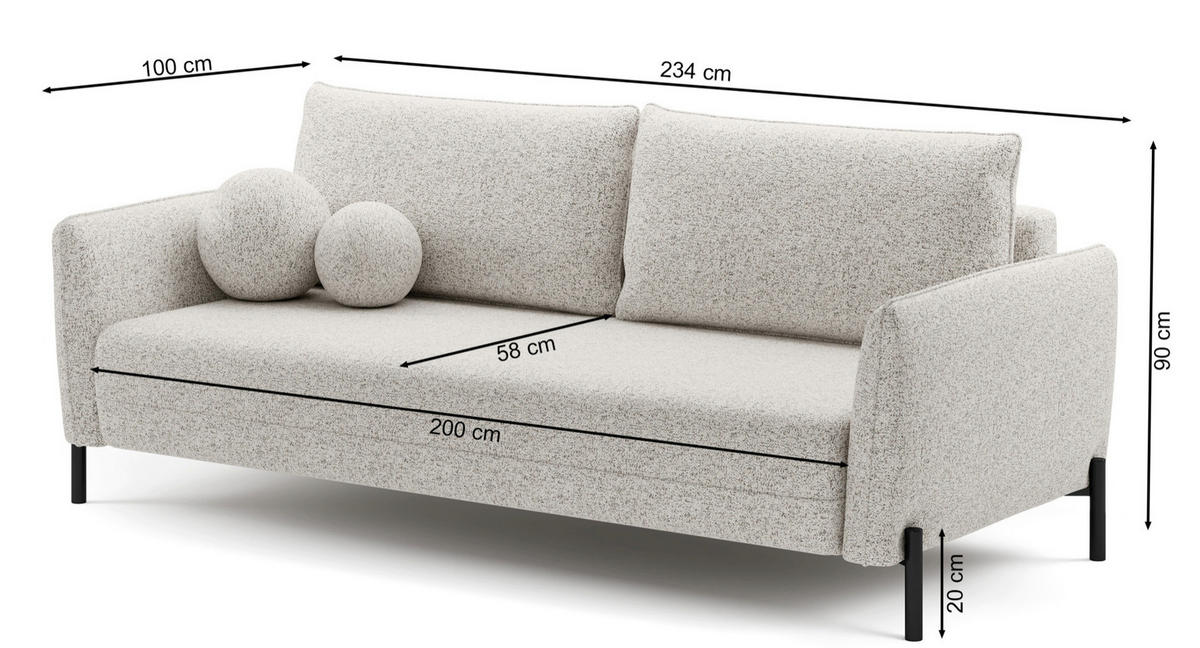 SOFA Veruco Grau mit Schlaffunktion - Schwarz/Grau, Textil/Metall (234/90/100cm) - Selsey
