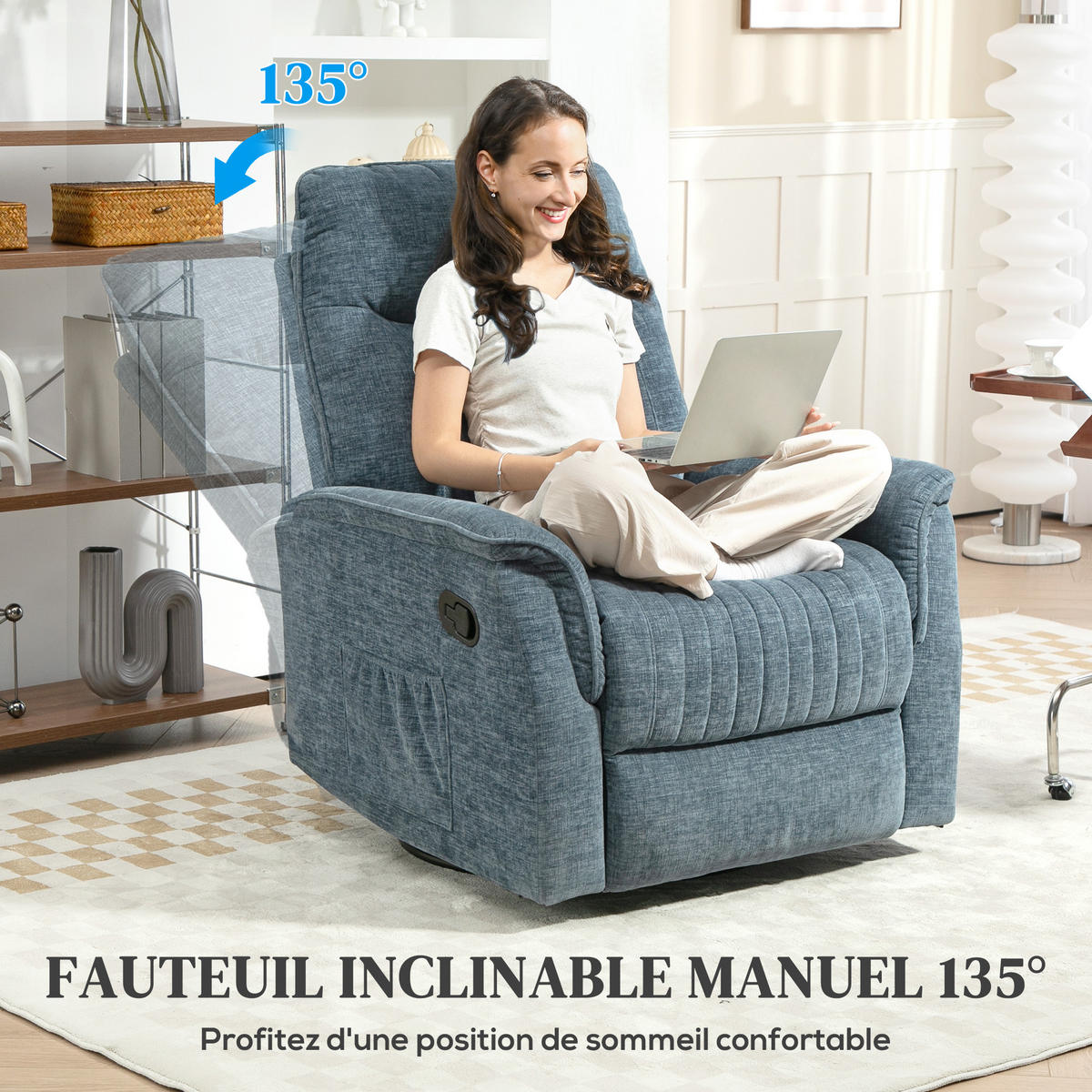 RELAXSESSEL DE-15386 manuell neigbar mit 360°-Drehung Blau - Blau, Textil (93/104/84cm) - ComfortXL