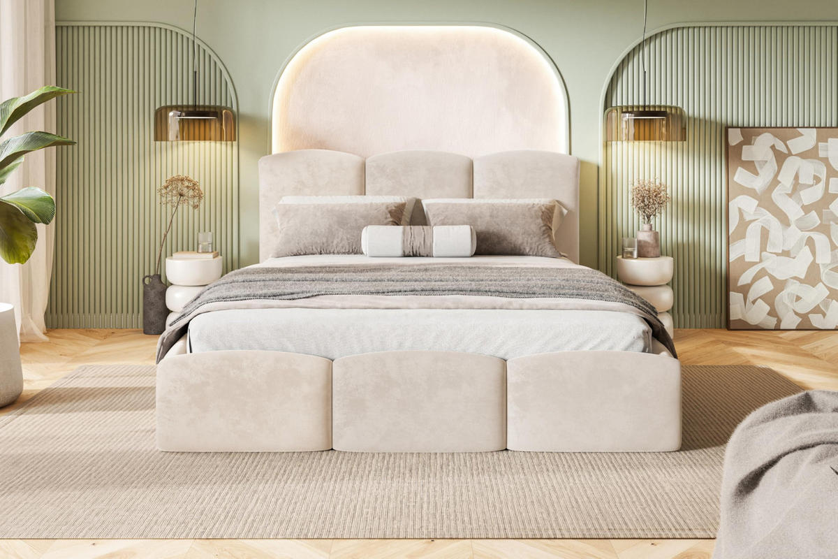 BETT 120x200 - Polsterbett mit Bettkasten und Metallrahmen - Modern Betten - Weicher Jasminstoff - Kollektion Zoya - Beige - Beige, Holz/Textil (120/200cm) - Alpi-Möbel