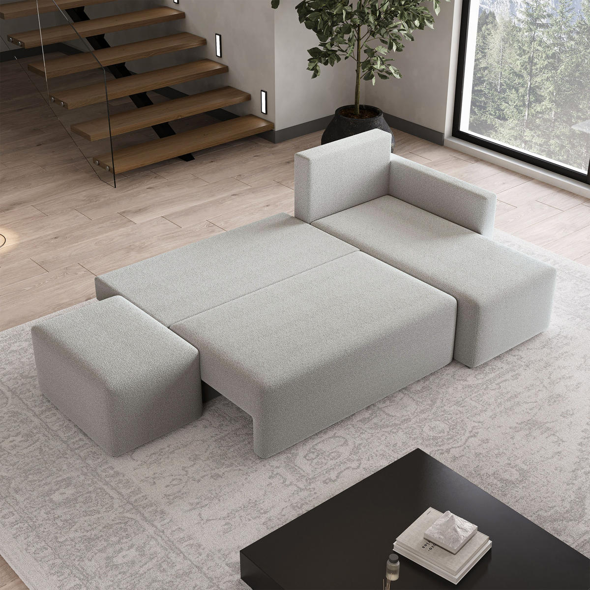 ECKSOFA VELOTTI R-S Hellgrau Boucle-Stoff mit Schlaffunktion - Hellgrau, Holz (261/143cm) - MASSENO