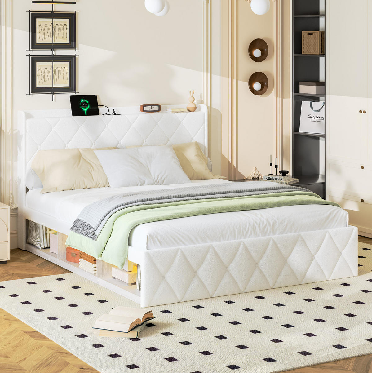 POLSTERBETT 160/200 cm Weiß aus Teddy mit LED-Beleuchtung und USB-Ladefunktion - Weiß, Textil (160/200cm) - OKMYHOME