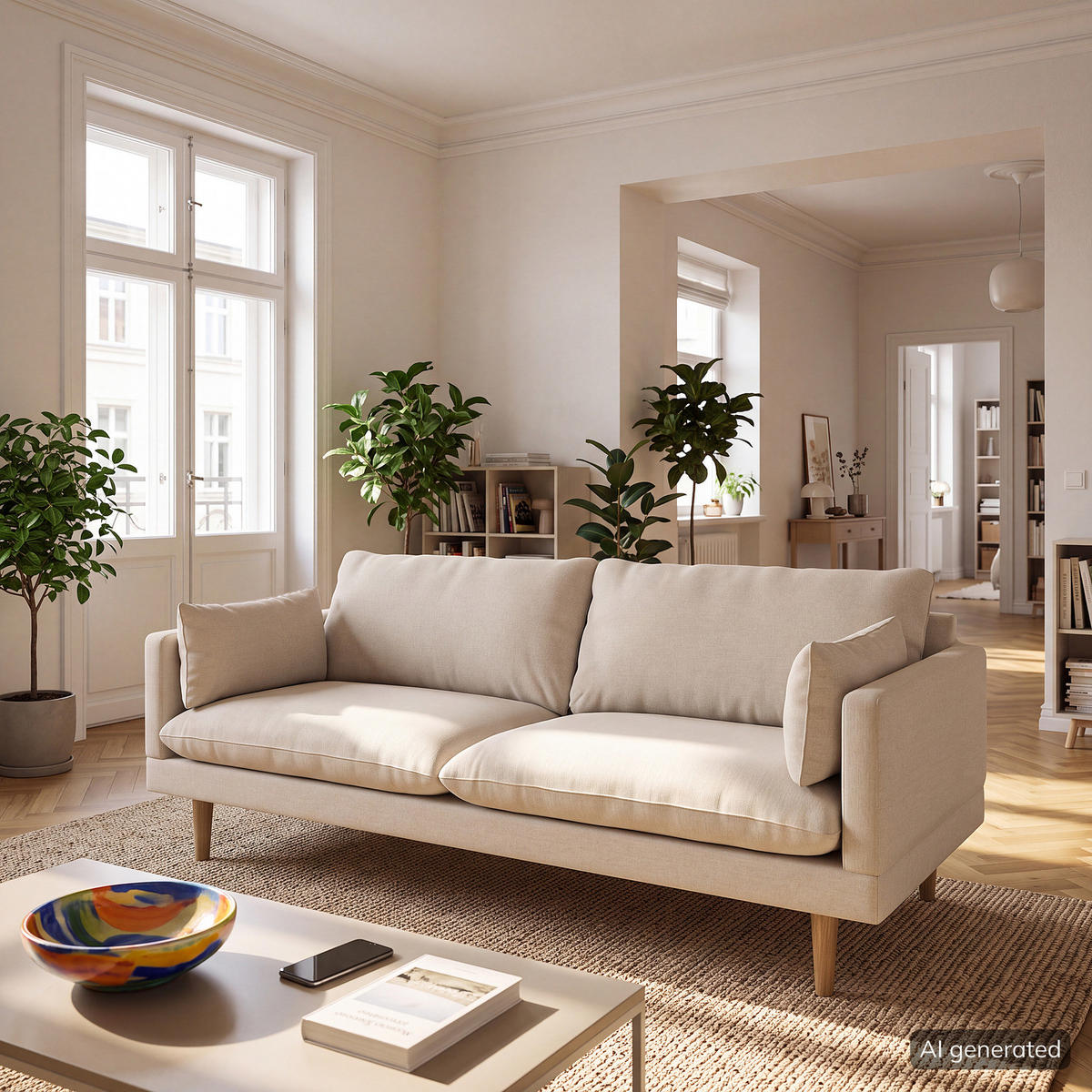 3-SITZER SOFA - Webstoff - Beige/Buchefarben, Holz/Buchenholz (200/83/153cm) - home24