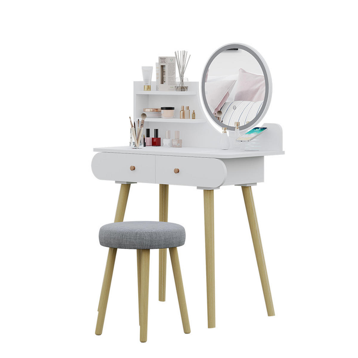 SCHMINKTISCH Edda Weiß 80 cm mit LED-Spiegel und QI-Ladestation - Weiß, Holzwerkstoff (80/121/40cm) - Vicco