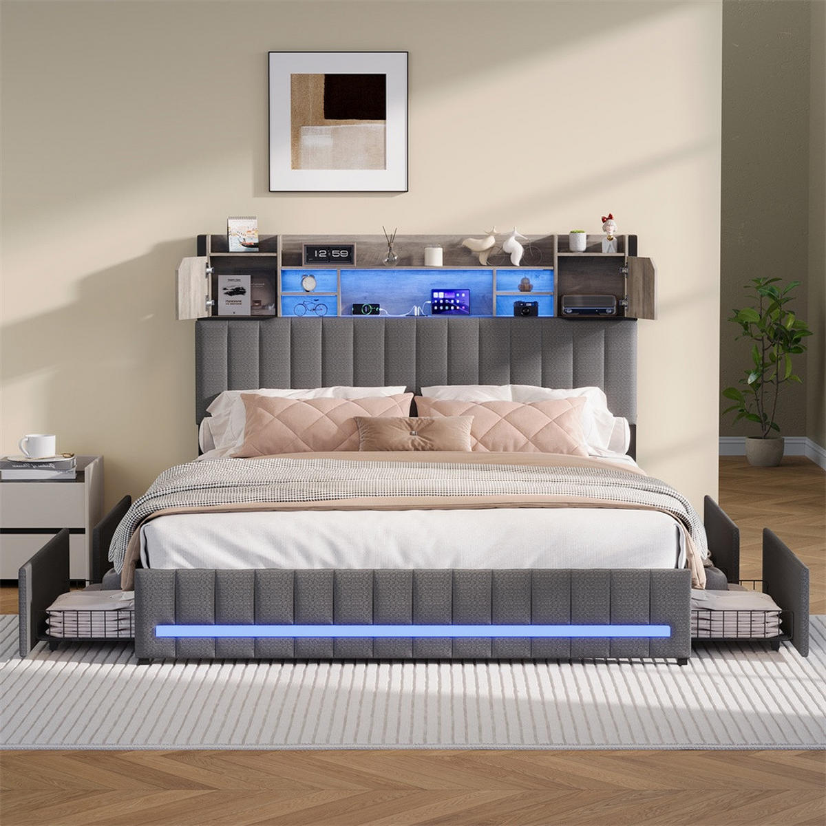 POLSTERBETT 140x190cm - Doppelbett 140x190cm mit Schubladen - RGB-LED-Beleuchtung - ohne Matratze - Grau - Grau, Textil (140/190cm) - DELFA