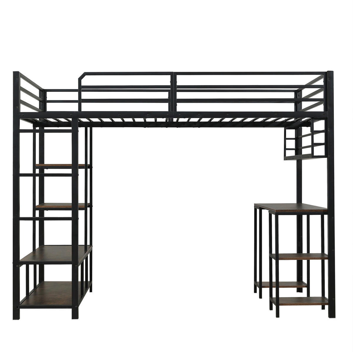 HOCHBETT aus Metall und Holzwerkstoff 120x200 cm Schwarz/Dunkler Walnuss mit Schreibtisch, Ablagefläche und 4-stufiger Leiter - Schwarz, Metall (120/200cm) - Modfu