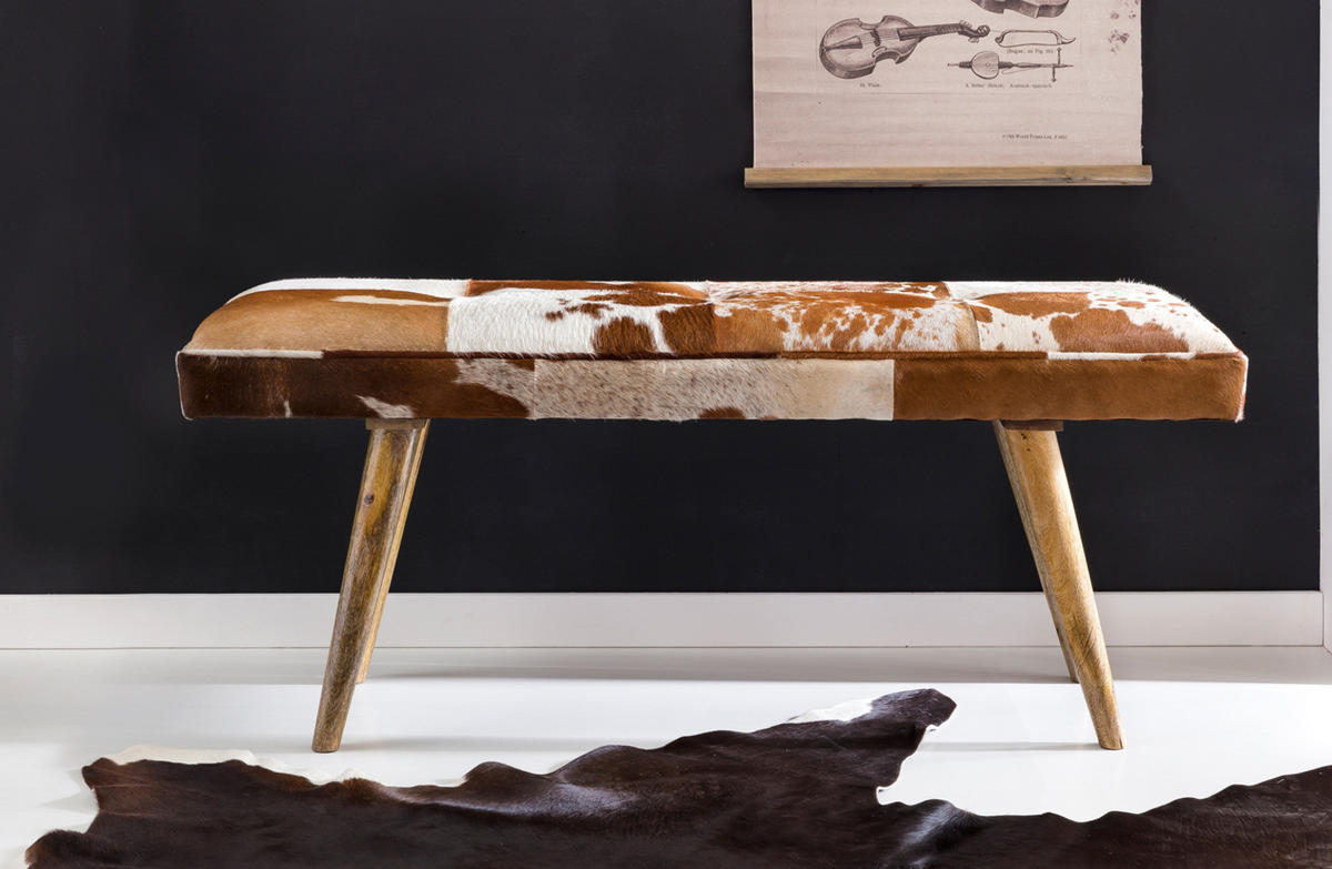 SITZBANK – Ziegenfell/Leder, Landhausstil, Mango Holz, 220 kg Belastbarkeit - Braun, Mangoholz/Leder (120/52/40cm) - KADIMA DESIGN