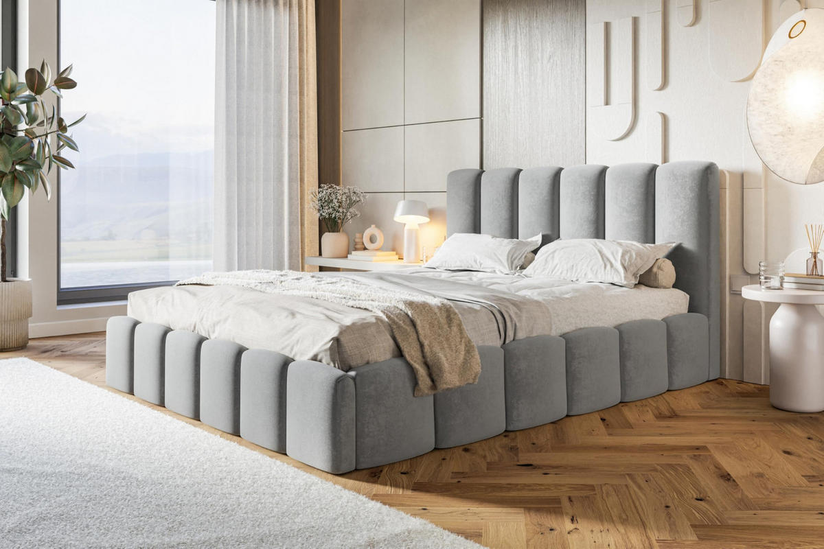 BETT 90x200 - Polsterbett mit Bettkasten und Holzrahmen - Modern Betten - Weicher Jasminstoff - Kollektion Lucy - Grau - Grau, Holz/Textil (90/200cm) - Alpi-Möbel