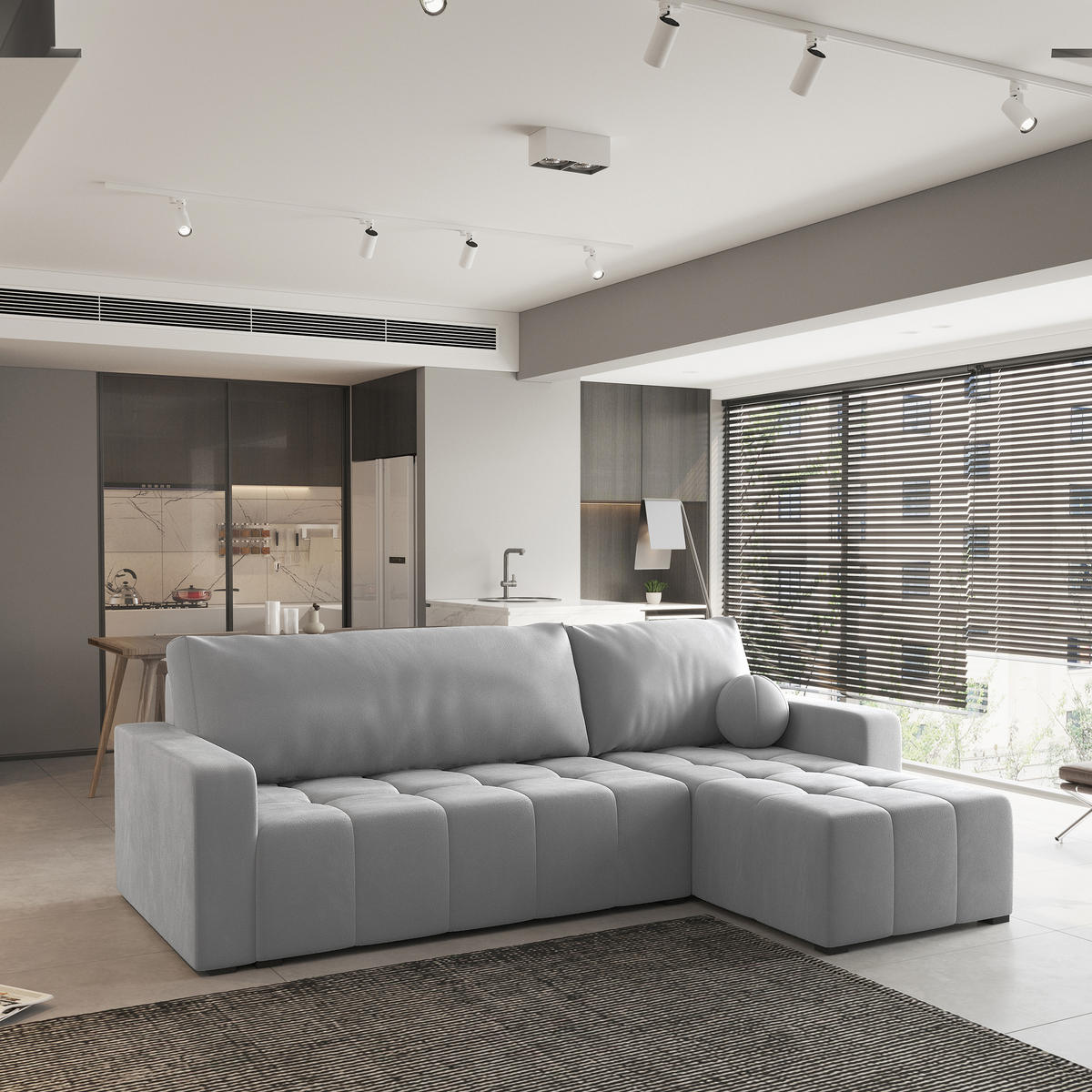 ECKSOFA VOLIRA Hellgrau Plüsch-Stoff mit Schlaffunktion - Hellgrau, Holz (230/143cm) - MASSENO