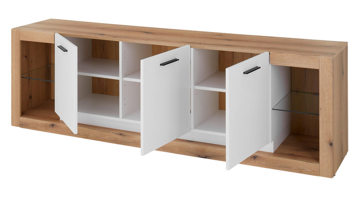 TV-LOWBOARD weiß matt, Evoke Eiche, TV Unterteil Komforthöhe XL-Board - Eichefarben/Silberfarben, Glas/Holzwerkstoff (198/61/43cm) - Furn.Design