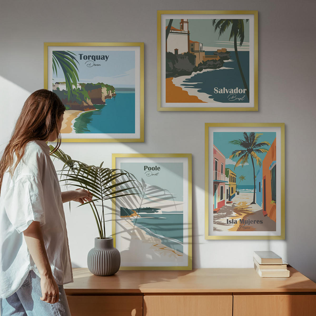 BILDER SET 4er Set - 50x50 cm & 40x60 cm Goldrahmen - Tropische Strände und Palmen - Goldfarben, Kunststoff (50/50cm) - TULUP