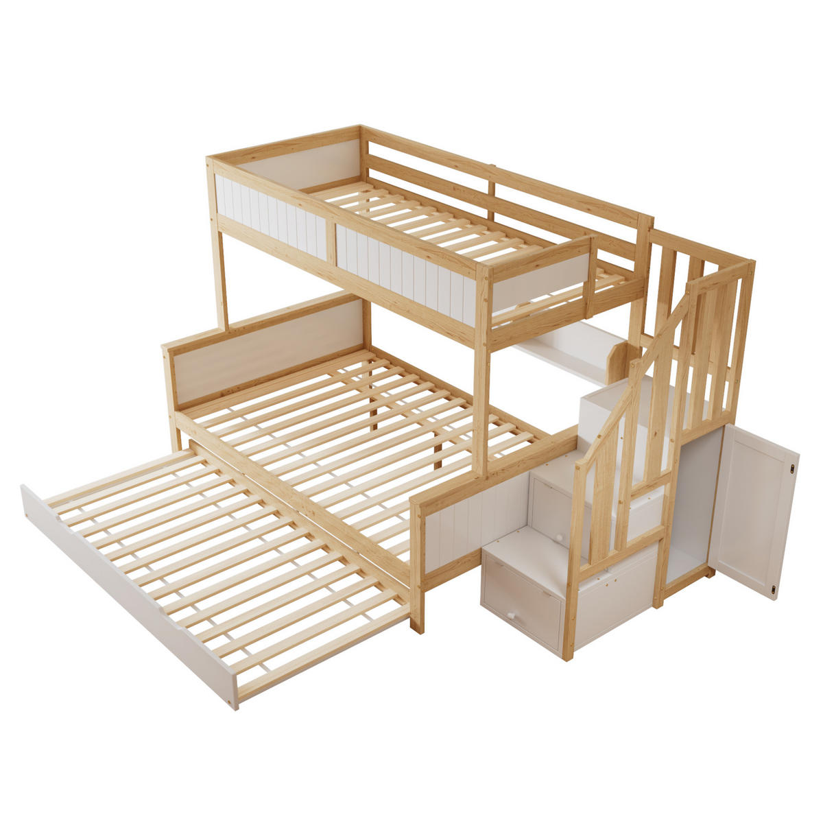 ETAGENBETT 90/200 cm & 120/200 cm mit Rollbett, Ecktreppe, Kleiderschrank und Fallschutz, Kiefer/MDF, Weiß/Natur - Weiß, Holzwerkstoff (90/200cm) - Redom