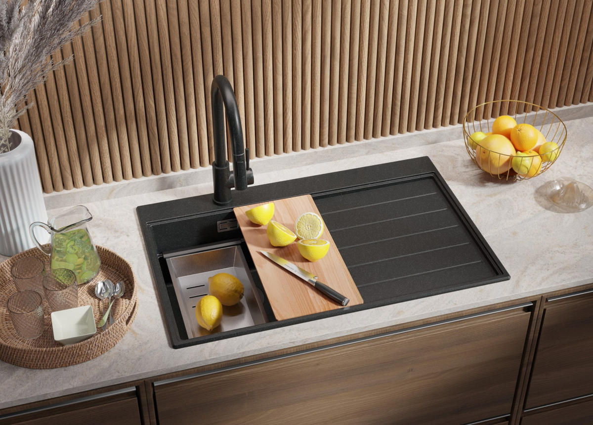 SPÜLBECKEN Sydney, 2-er set Anthrazit 78/50 cm 1 Becken + Ablauf-Set + Küchenzubehörset ab 45er Unterschrank - Chromfarben/Anthrazit, Kunststoff (78/20/50cm) - Primagran