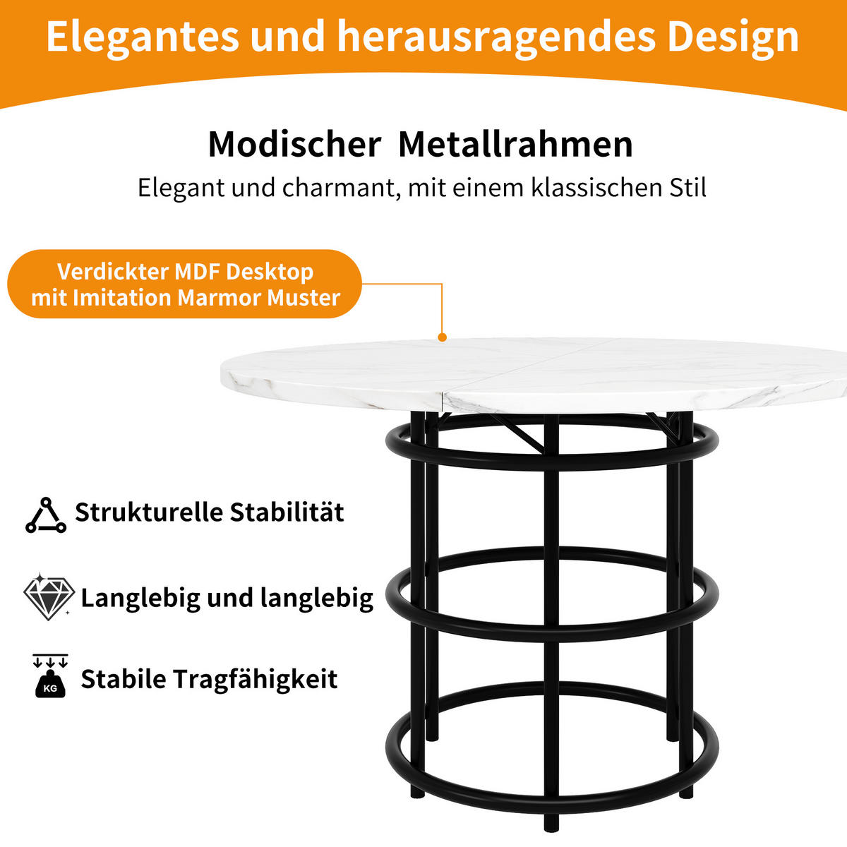 ESSTISCH 100/100/76 cm Schwarz runder Tisch mit Marmoroptik aus MDF mit Metallgestell - Schwarz, Holzwerkstoff (100/100/76cm) - OKWISH