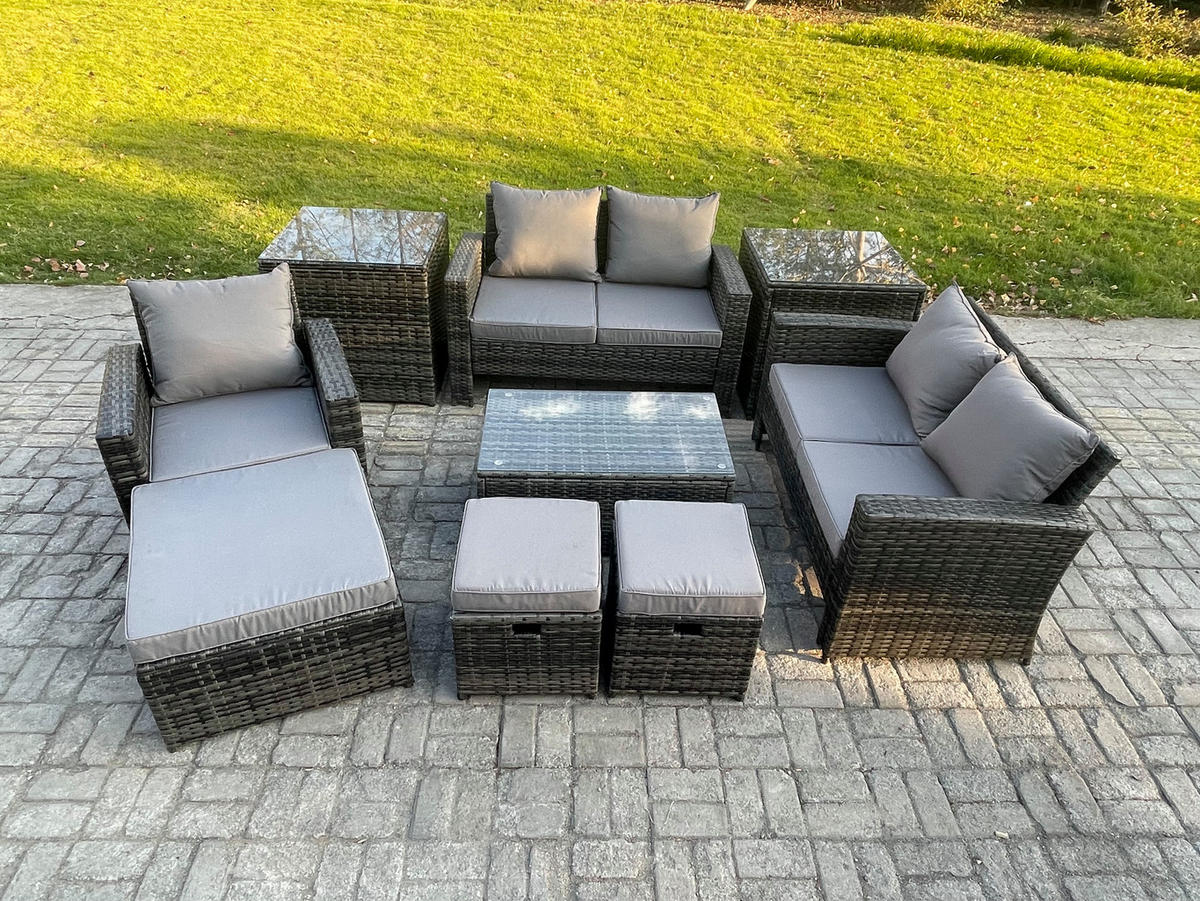 GARTENSOFA SET mit Couchtisch Polyrattan Dunkelgrau 8-Sitzer - Dunkelgrau, Metall - Fimous