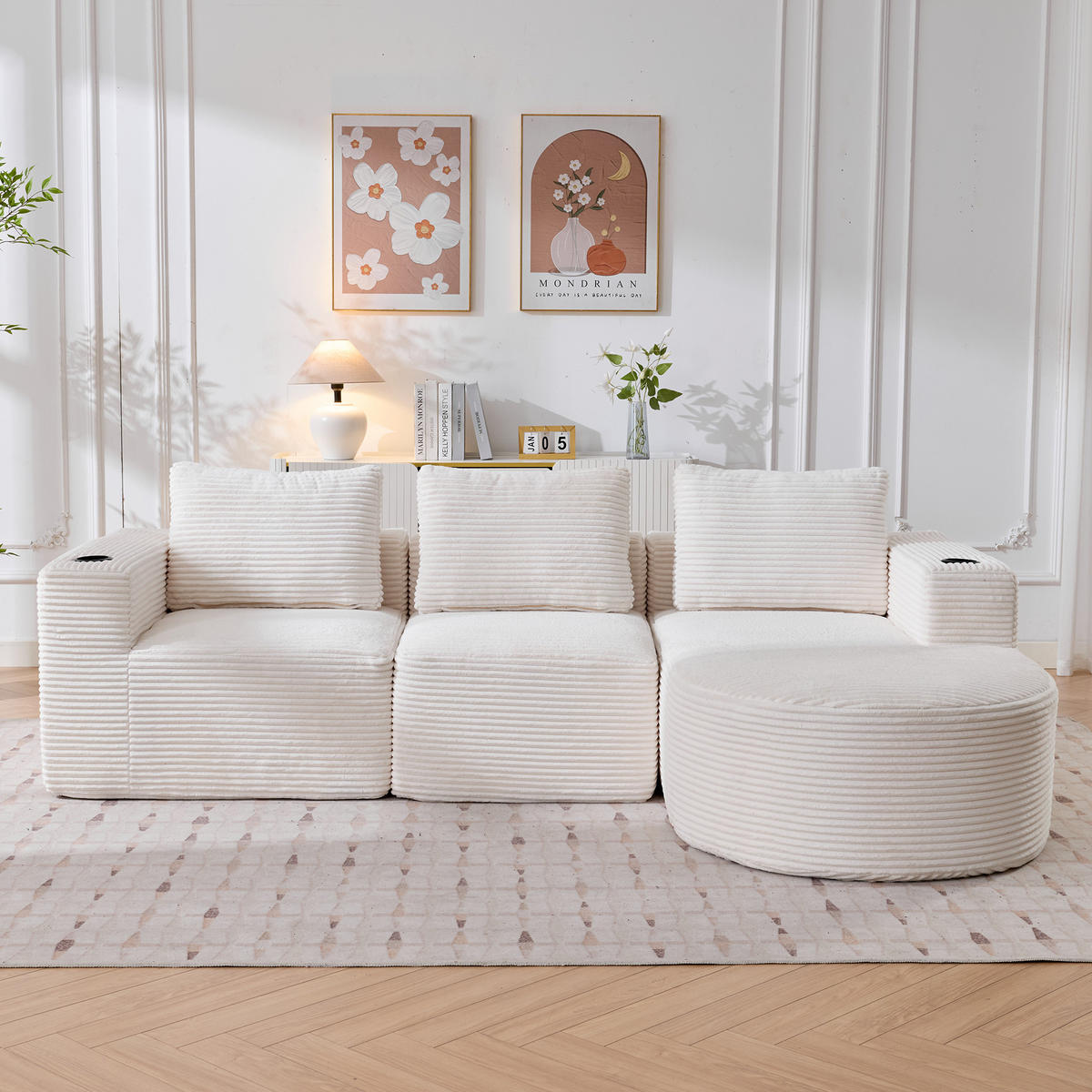 ECKSOFA 258/171/62.5 cm Beige mit 3 Kissen und 2 Getränkehalter - Beige, Textil (265/176cm) - Oxeza
