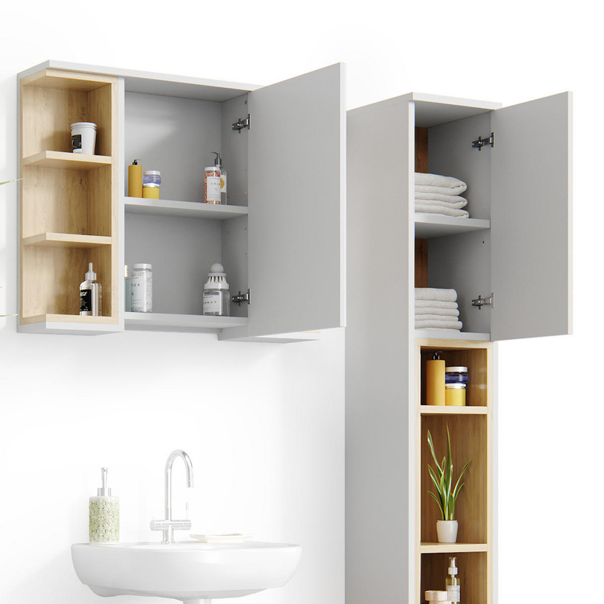 BADMÖBEL-SET Aquis Weiß 3 Teile, mit Hochschrank - Weiß/Sonoma Eiche, Holzwerkstoff (79.6/64/32cm) - Vicco