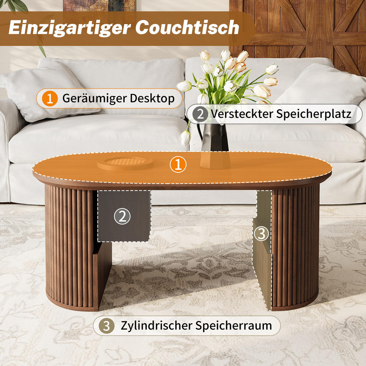 COUCHTISCH Retro Nussbaum 105cm vertikal modern - Walnussfarben, Holzwerkstoff (105/50/46.5cm) - FLIEKS