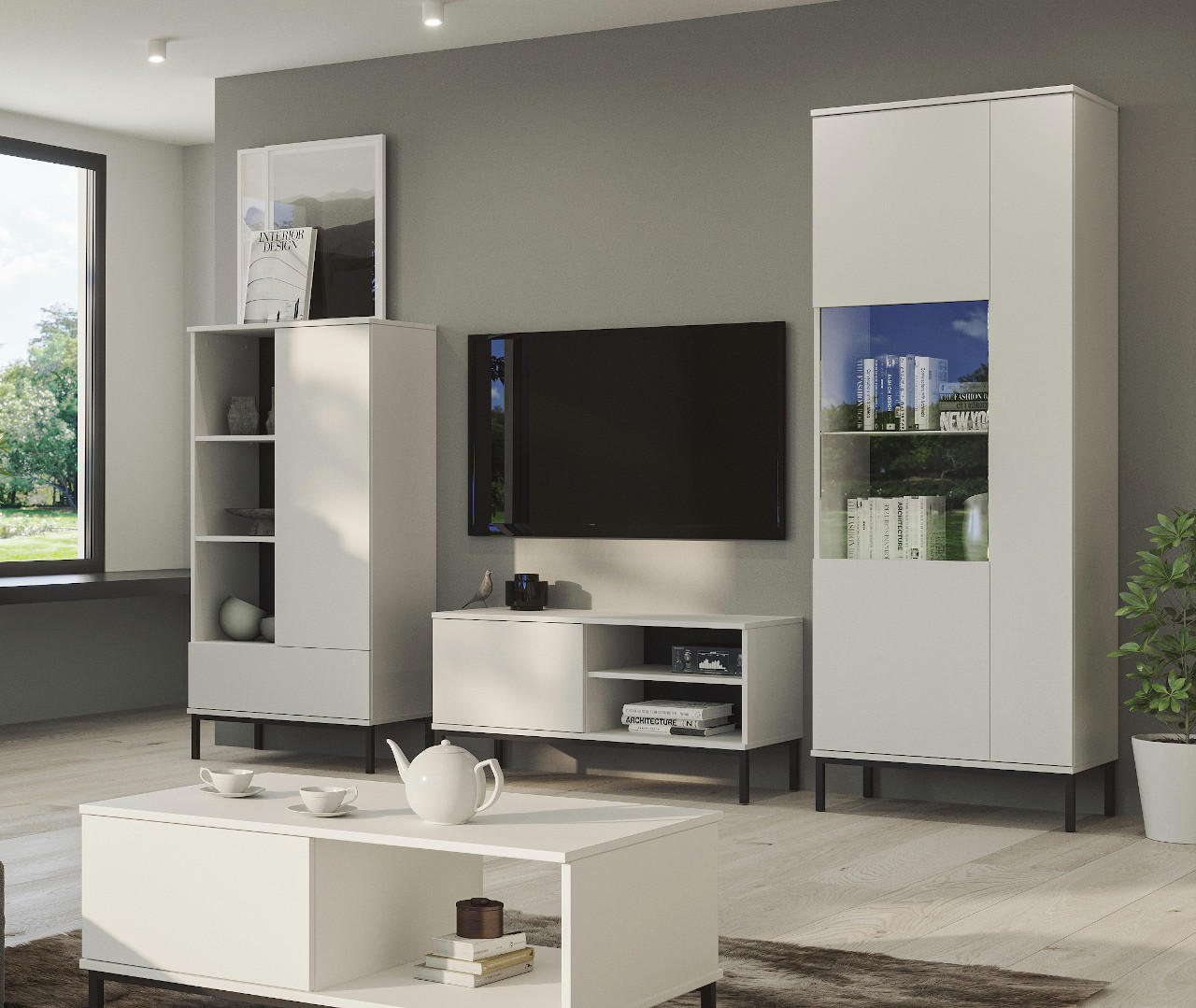 VITRINE Queba 2T Weiß 70/190/41 cm – Vitrine weiß mit Glastüren - Schwarz/Weiß, Holzwerkstoff (70/190/41cm) - AX Living