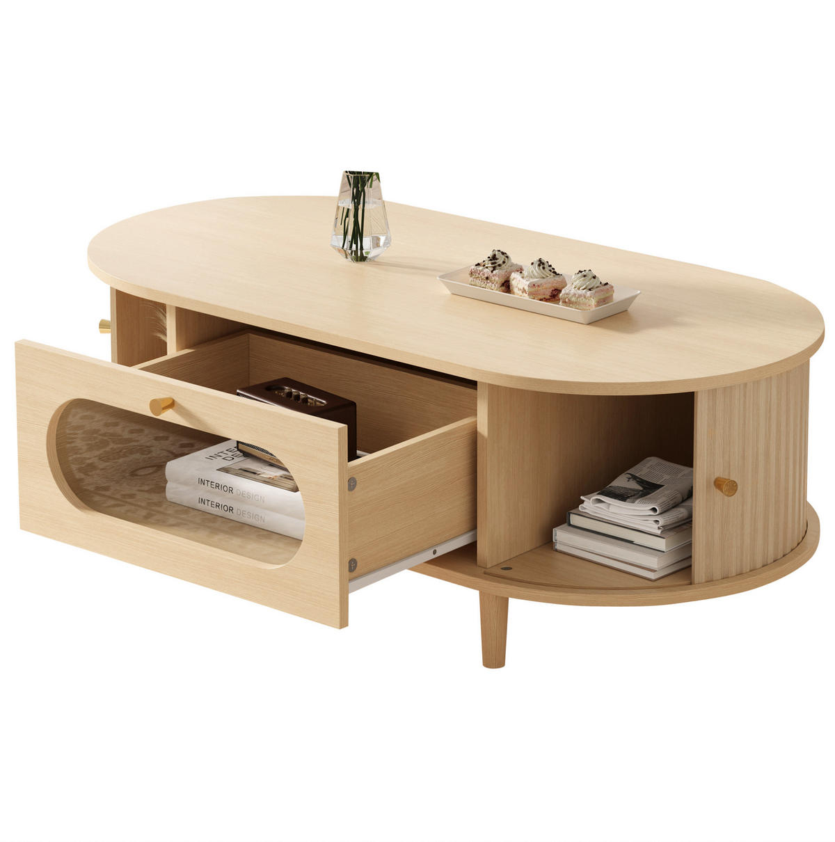 KONFERENČNÍ stolek 100/50/36 cm dubová barva z MDF se zásuvkou a roletovými dvířky - barva dubu, kompozitní dřevo (100/50/36cm) - OKWISH