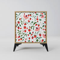 SIDEBOARD FLOWERS AND STRAWBERRIES, Eichefarben, 57,5x42x70,5 cm, Schwarze Metall-Sternfüße - Eichefarben/Multicolor, Holzwerkstoff/Metall (57.5/70.5/42cm) - SpaceRebels