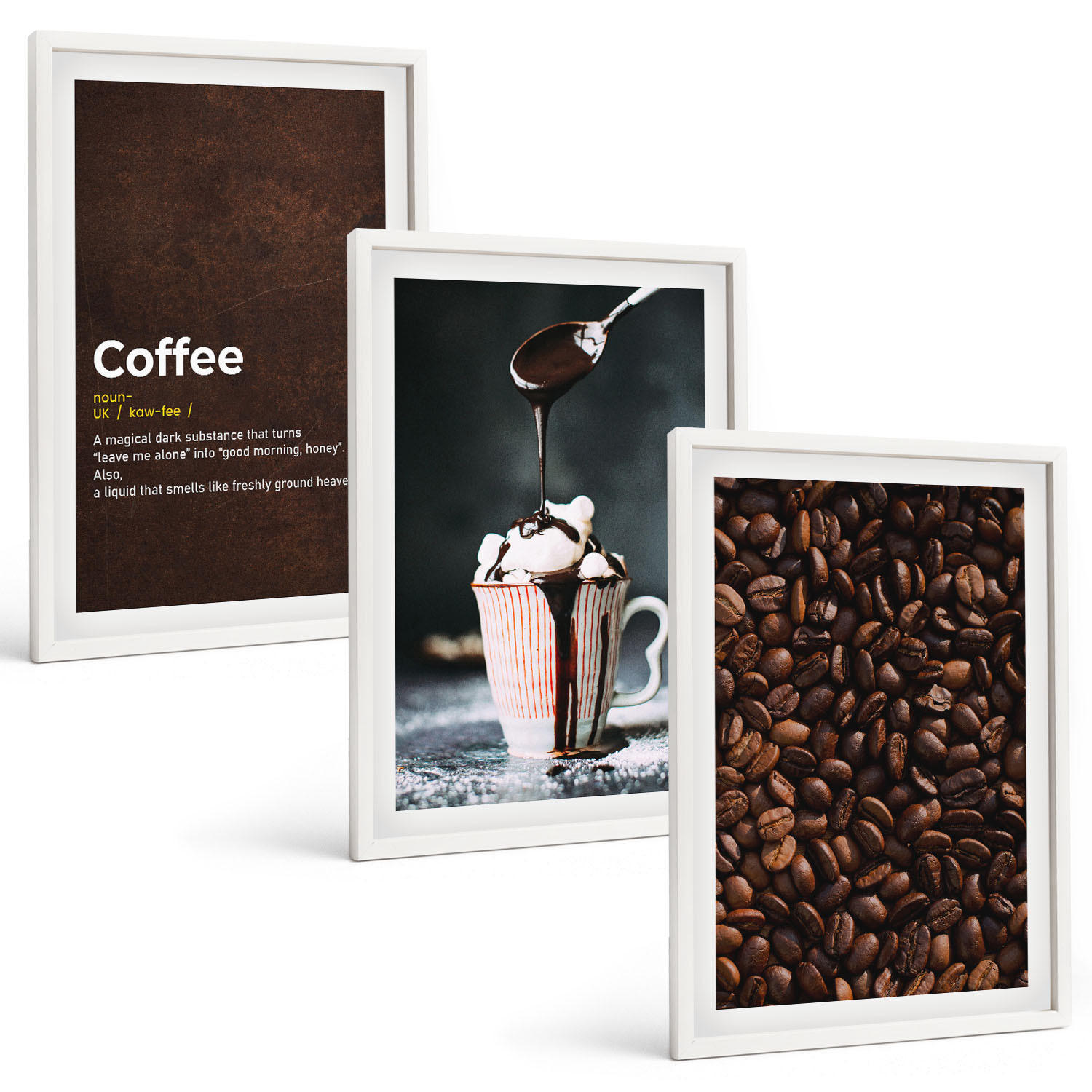 BILDER SET 3er Set - 40x60 cm Weißer Rahmen - Kaffeegetränk mit Schlagsahne - Weiß, Kunststoff (40/60cm) - TULUP
