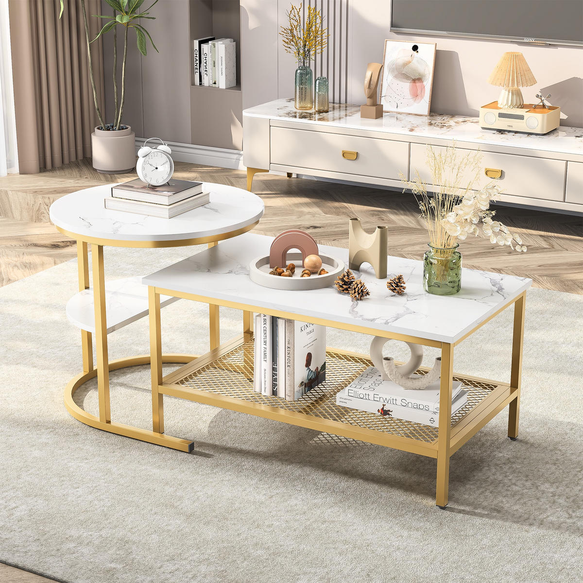 COUCHTISCH-SET 2-teilig Marmor-Optik mit goldenem Metallrahmen - Weiß, Metall (132/52/51cm) - DELFA