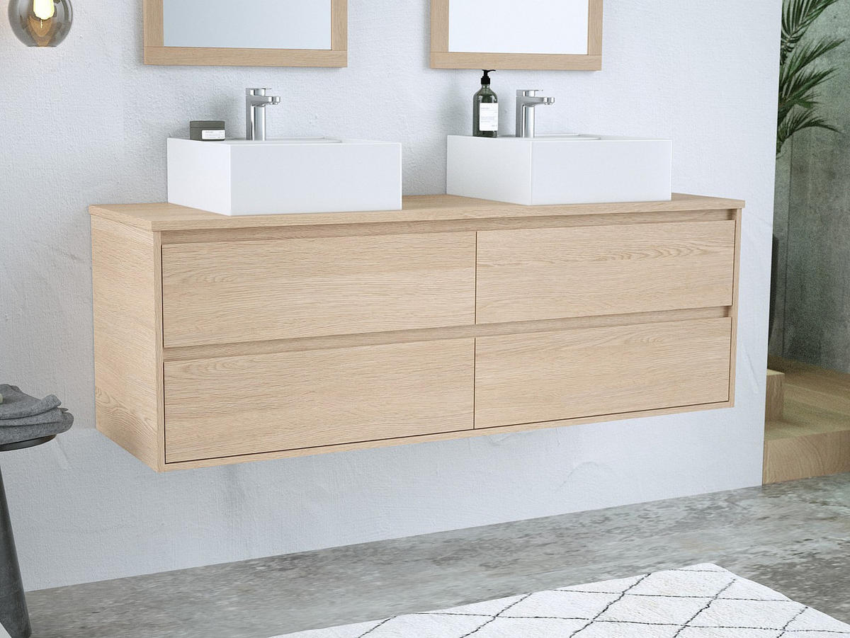 DOPPELWASCHTISCH - 150 cm x 45 cm - holz - naturfarben hell Milipam - Weiß, Holz (150/50/45cm) - Vente-Unique