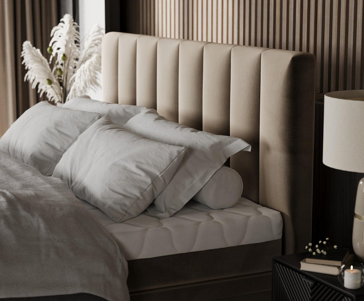 BOXBETT Lume 180/200 cm Taupe im Paros Stoff - Taupe/Schwarz, Holz/Holzwerkstoff (180/200cm) - AltaBeds