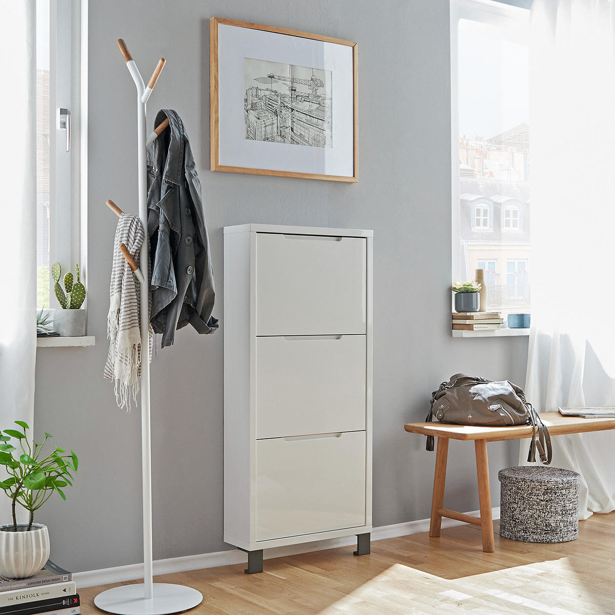 SCHUHKIPPER - Weiß Hochglanz/Grau, Holzwerkstoff (53/118/17cm) - home24