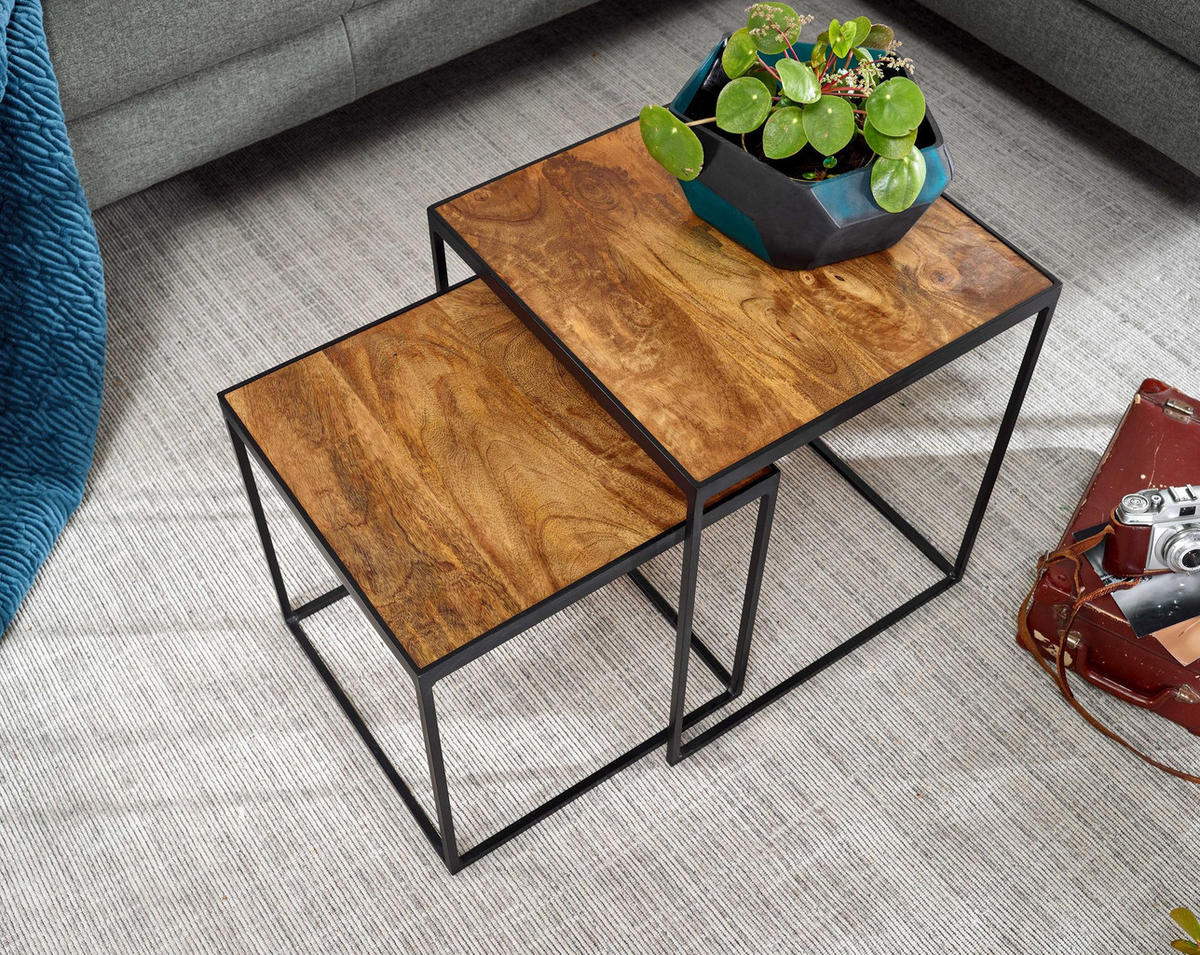 BEISTELLTISCH Set – 2-teilig Mango Massivholz Metall Braun Schwarz Industrial - Schwarz/Braun, Holz/Metall (40/40/44cm) - KADIMA DESIGN