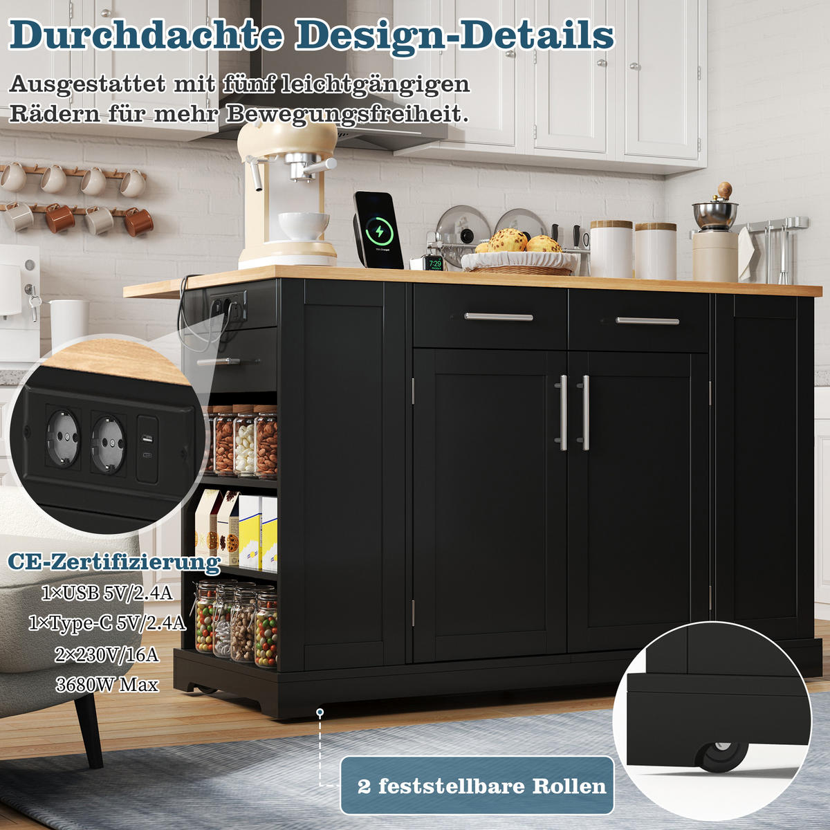 KÜCHENINSEL 138x56x92 cm Schwarz mit 3 Schubladen, Klapp-Arbeitsplatte & ausziehbarem Mülleimer - Schwarz, Holz/Holzwerkstoff (86/92/138cm)