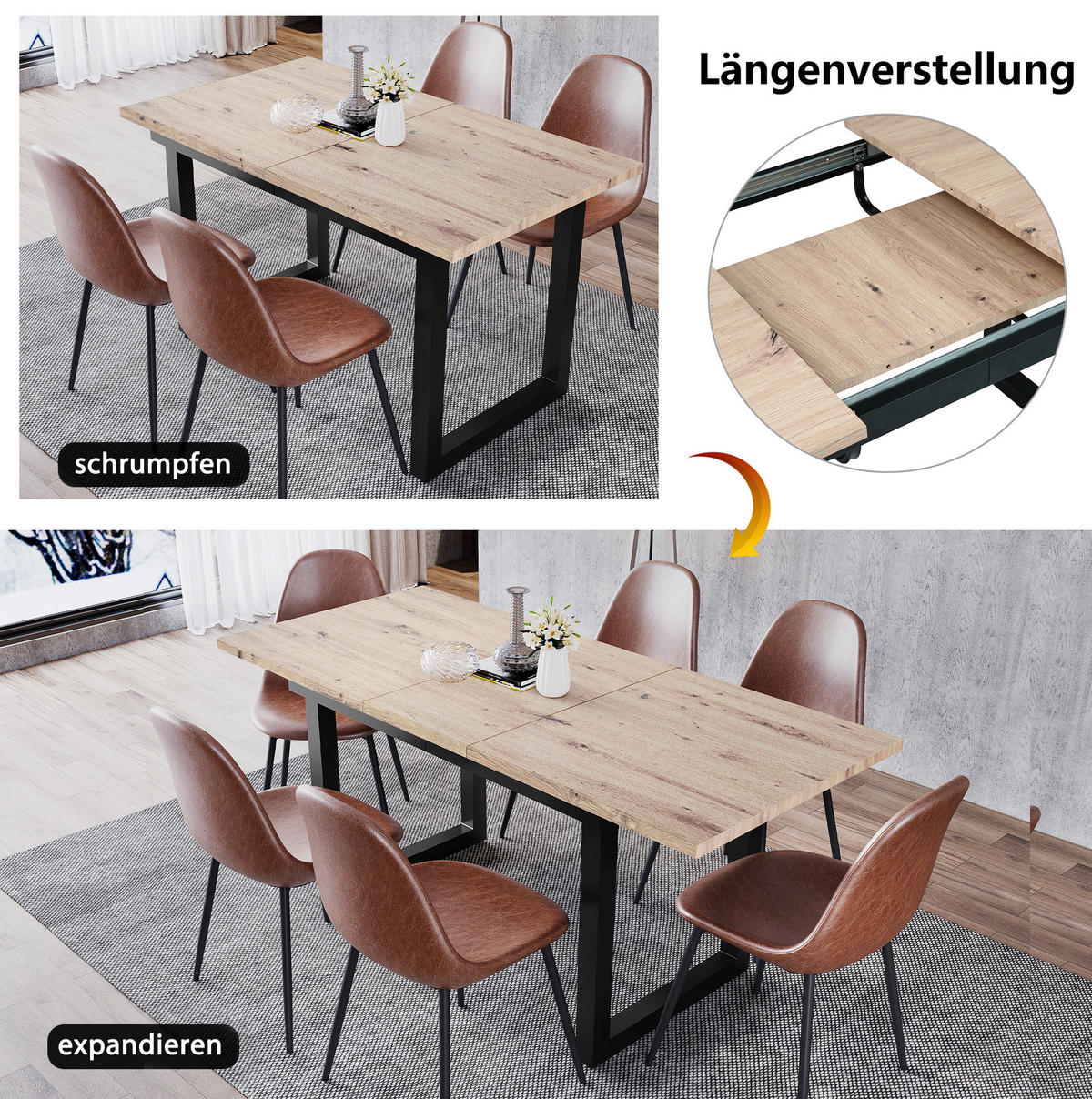 JÍDELNÍ stůl 140/180/80/75 cm, MDF, černá/přírodní, rozkládací v industriálním stylu - barva dubu, kompozitní dřevo (180/80/75cm) - BEAOK