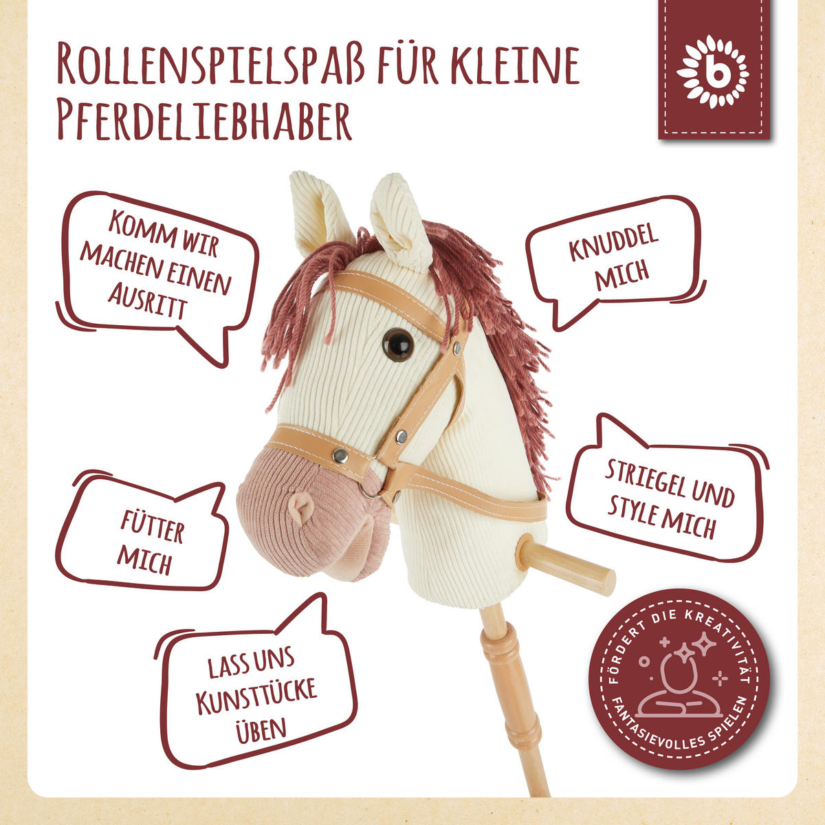 BIECO Steckenpferd Kinder Ginger | Hobby Horse Pferde | Steckenpferd Rollen | Steckenpferd Holz Pferd Stab | Stock Pferd - Weiß, Textil (24/100cm) - Bieco Spielwaren