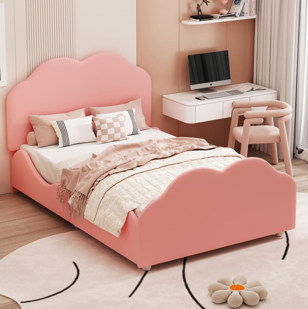 POLSTERBETT 90/200 cm Rosa mit gepolstertem Kopfteil und Sicherheitsgeländer - Pink, Textil (90/200cm) - BEAOK