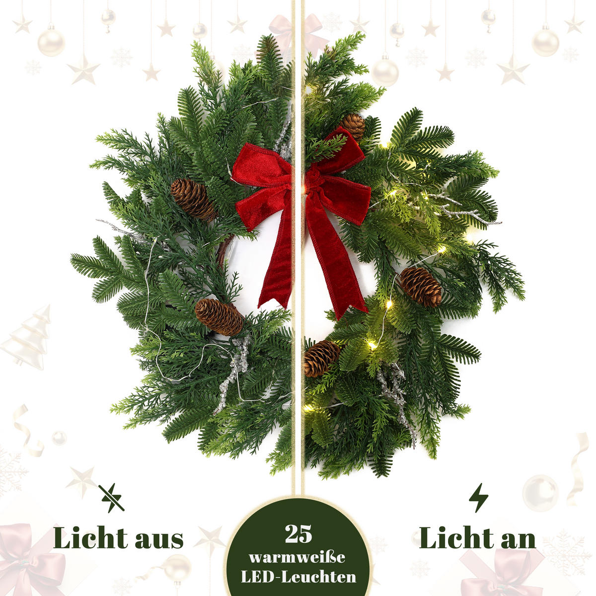 RUNDER Weihnachtskranz Ø45cm mit roter Schleife, 25 LEDs,Timer - Dunkelgrün, Naturmaterialien (45cm) - Hometopia