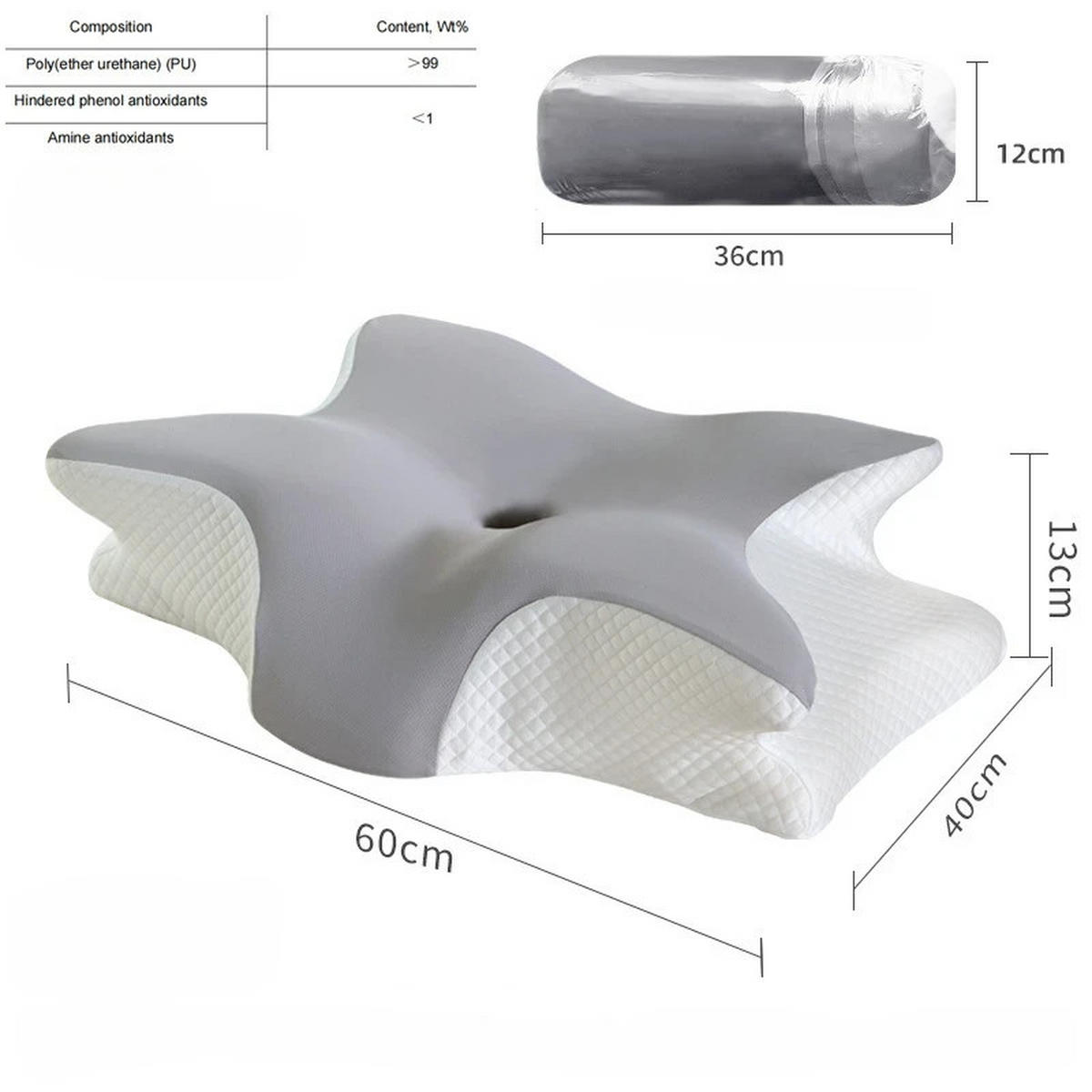 NACKENKISSEN ，Ergonomisches , 60x40x13cm - Grau, Textil (60/40cm)