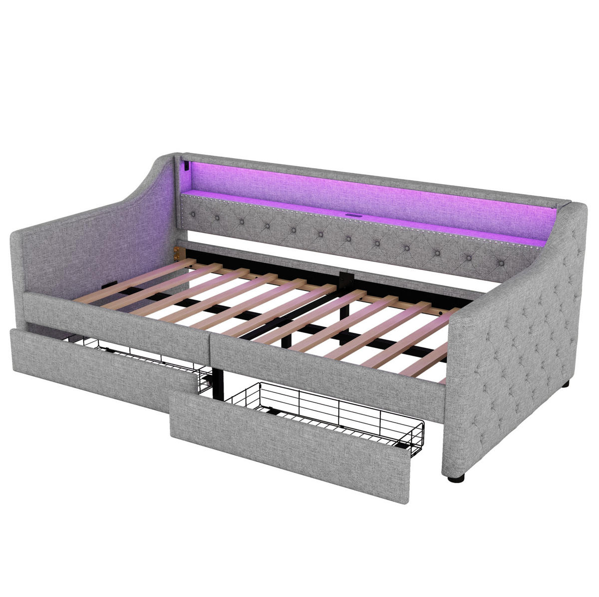 BETT 90/200 cm Grau mit 2 Schubladen, USB-Anschluss und LED-Beleuchtung - Grau, Textil (90/200cm) - Flora Grace