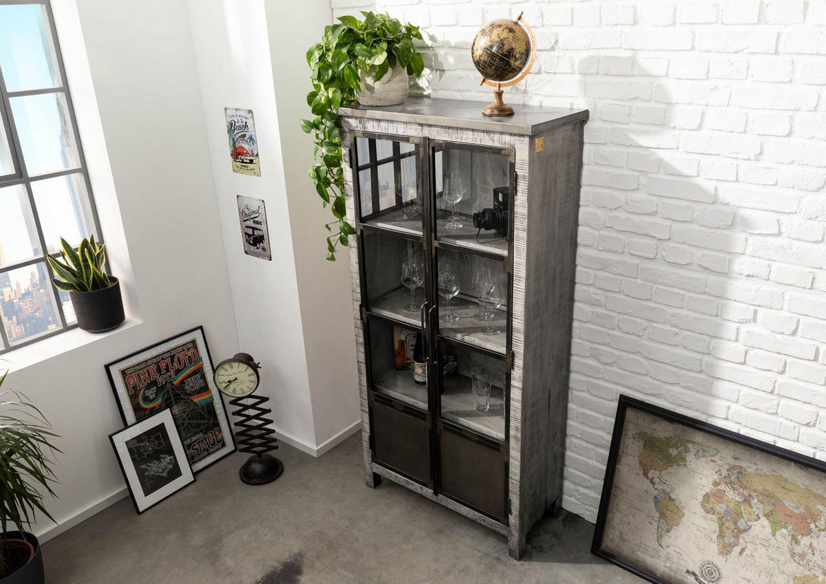VITRINE Mango 90x40x180 grau lackiert HEAVY INDUSTRY #141 - Grau, Holz (90/180/40cm) - Massivmoebel24