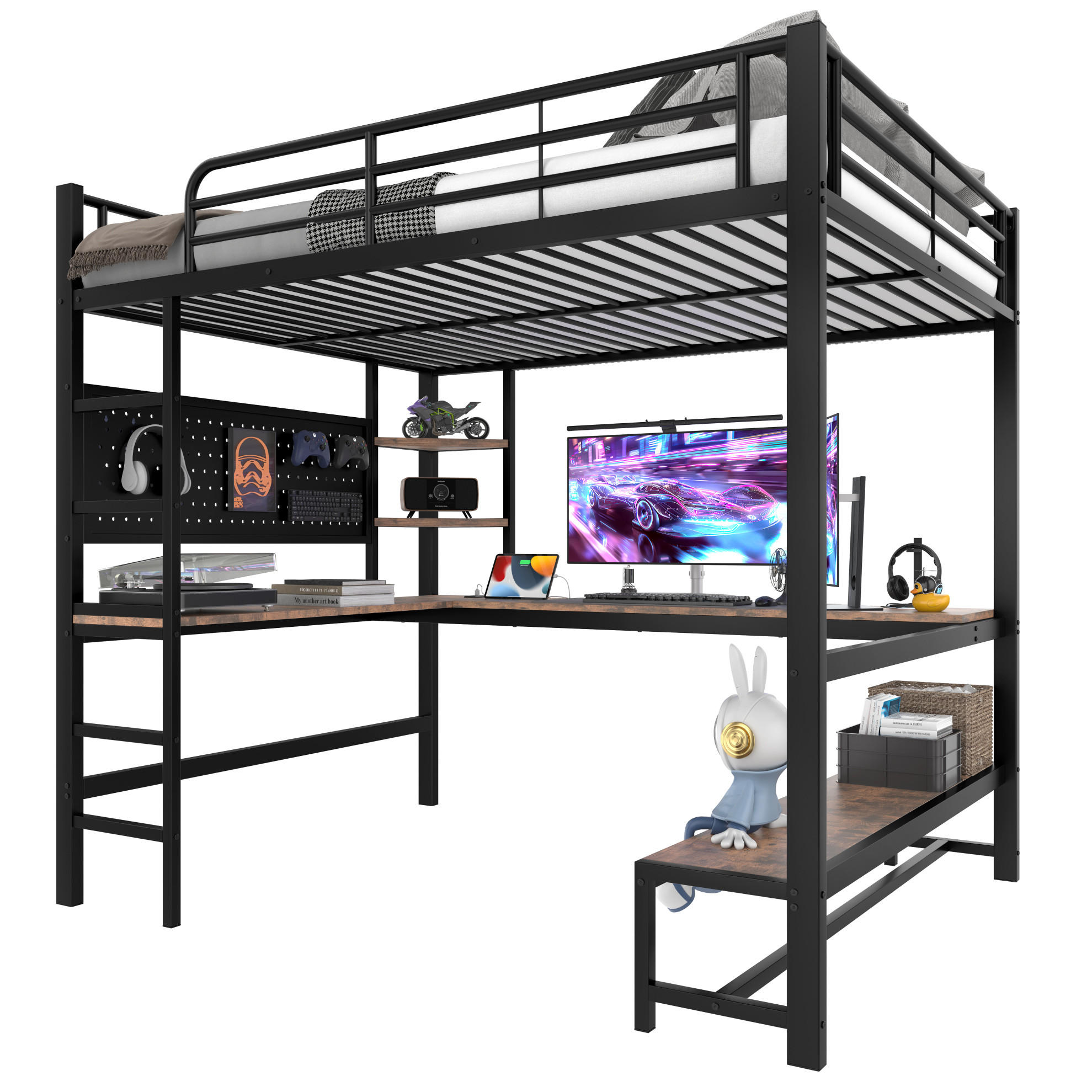 HOCHBETT 140/200 cm aus Metall/MDF mit Schreibtisch, LED-Leiste und USB-C-Anschluss Schwarz - Schwarz, Metall (140/200cm) - Modenvie