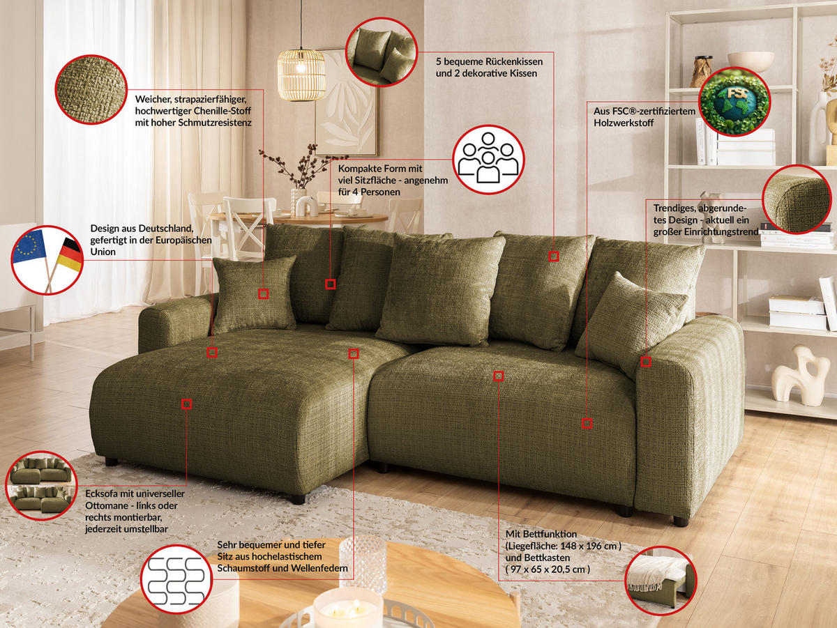 ECKSOFA Calma mit Schlaffunktion und Bettkasten im Bumpy-Design aus weichem Grün Chenille-Stoff - Ottomane links - Beige/Schwarz, Holz/Kunststoff (140/239cm) - S-Style Möbel