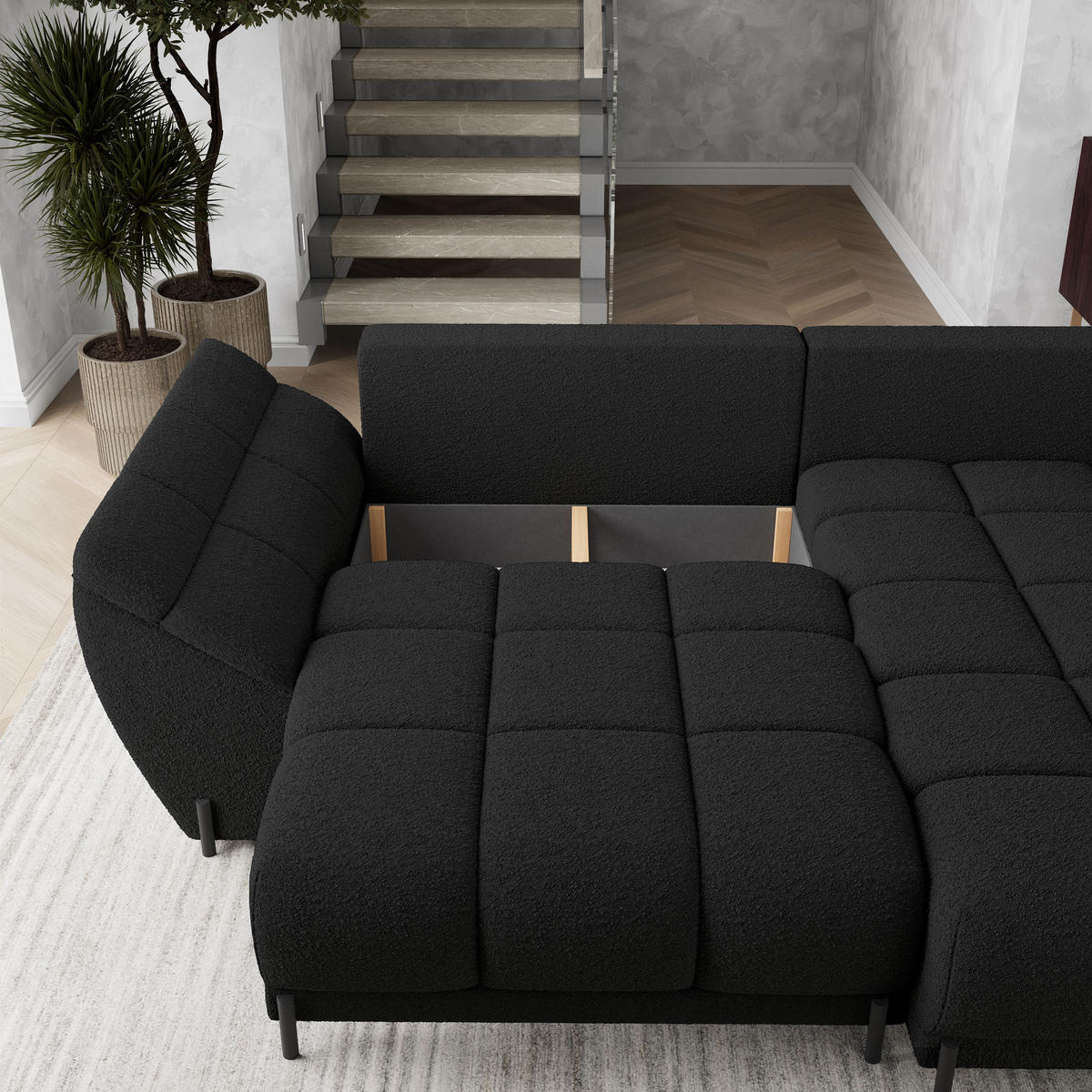 ECKSOFA VESTANO R-S Schwarz Boucle-Stoff mit Schlaffunktion - Schwarz, Holz (287/182cm) - MASSENO