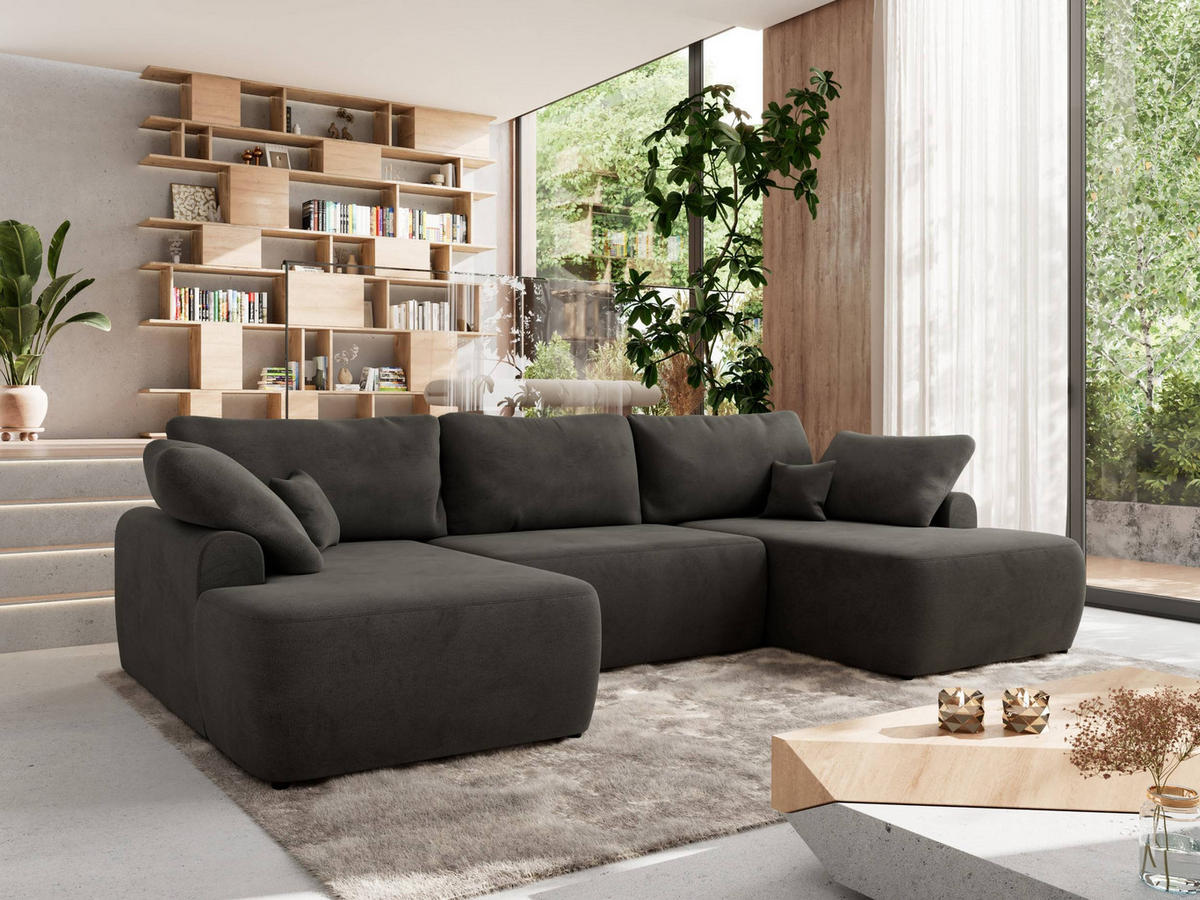 WOHNLANDSCHAFT CUBO U Dunkelgrau Velvet - Dunkelgrau/Schwarz, Kunststoff/Textil (370/100/187cm) - MKS