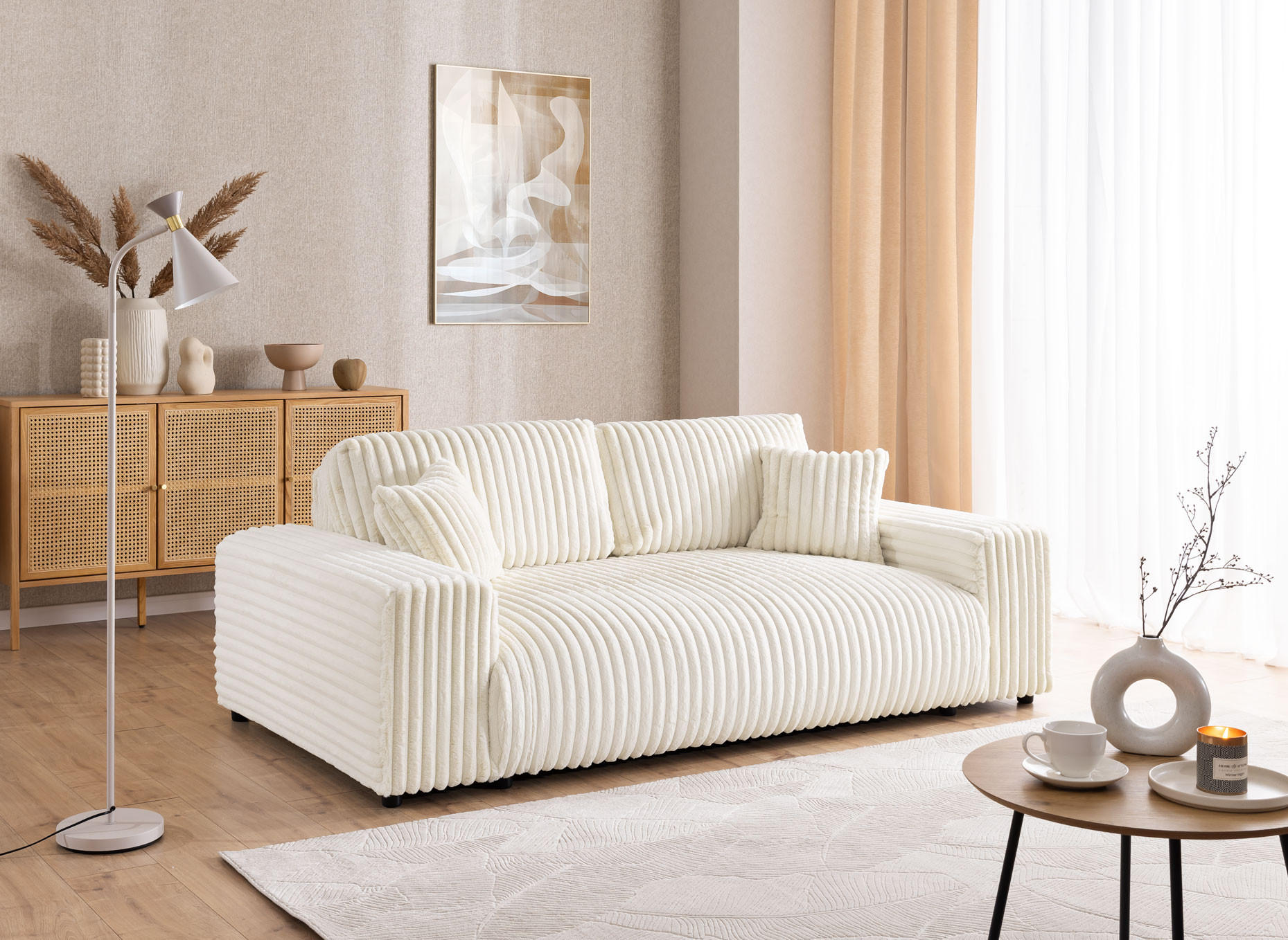SITZGARNITUR 3+1 Mollis Hellbeige Plüschcord - Beige/Schwarz, Holz/Kunststoff (213/79/108cm) - S-Style Möbel