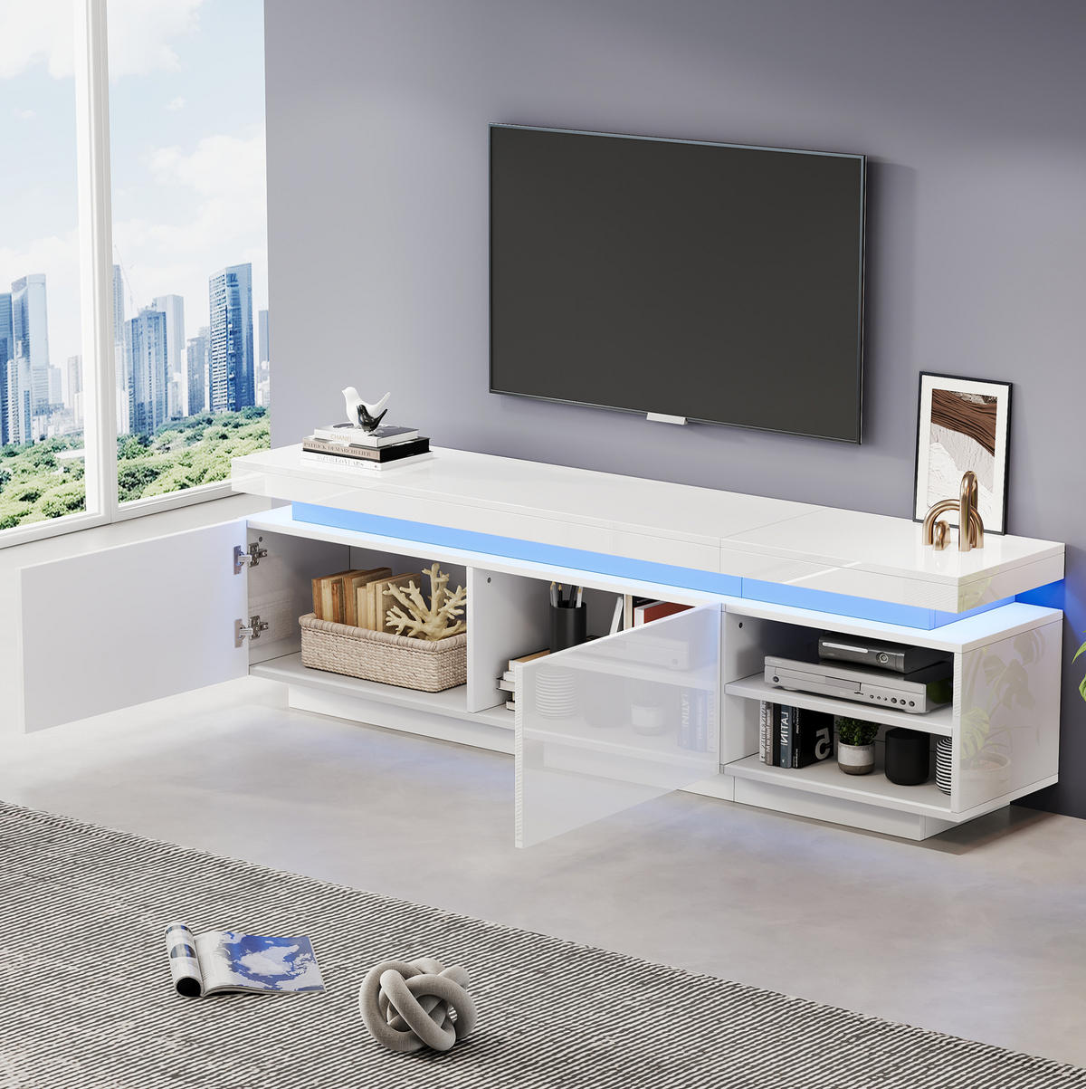 LOWBOARD 170/35/50 cm aus Spanplatte mit LED-Beleuchtung und Hochglanzfront Weiß - Weiß, Holzwerkstoff (170/50/35cm) - Modenvie