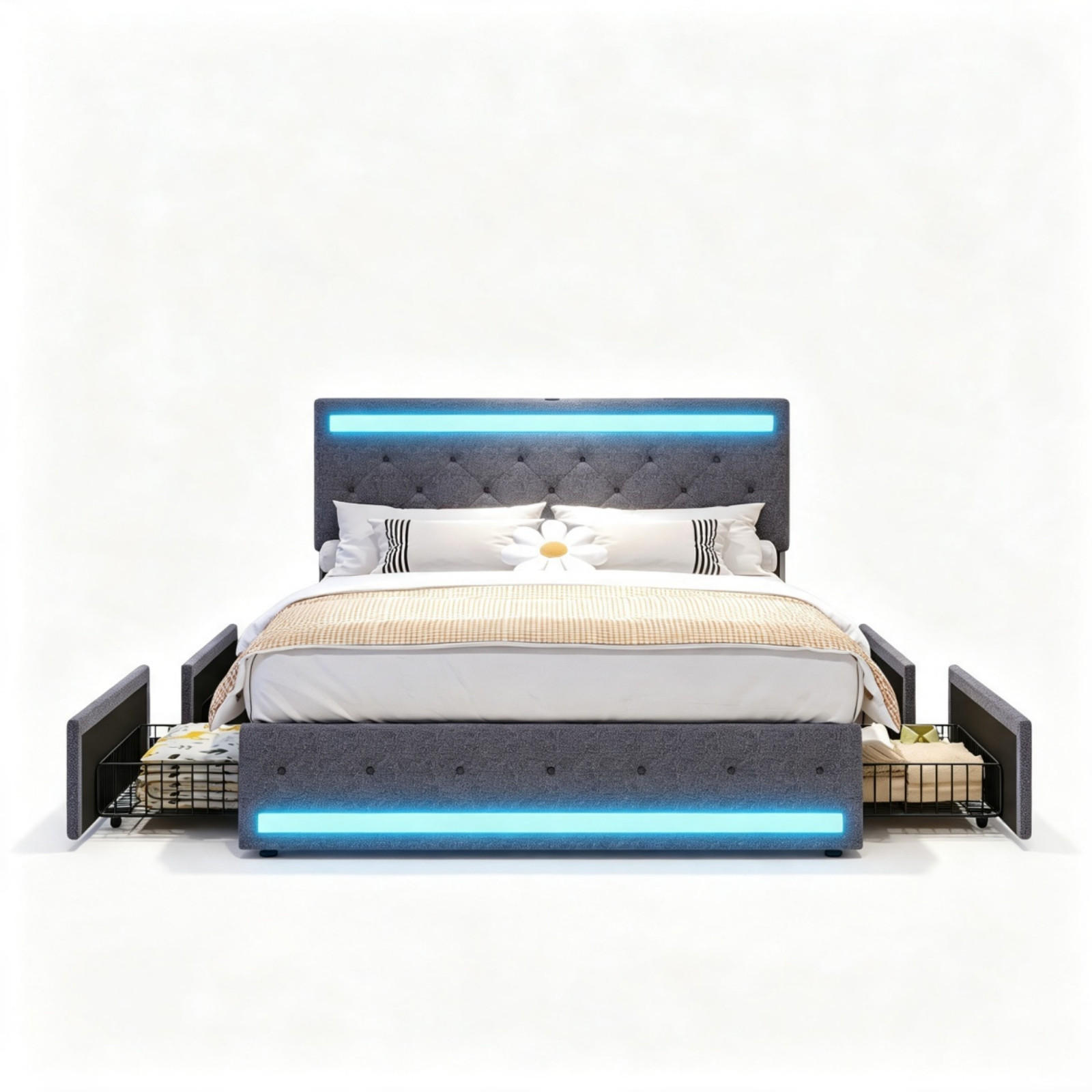 POLSTERBETT 180/200 cm, in Grau Leinenoptik Stoff, Bettkasten, Gepolstertes Kopfteil mit LED-Beleuchtung USB, 4 Metall-Stauraumschubladen - Dunkelgrau, Textil/Metall (180/200cm) - BPKADHY