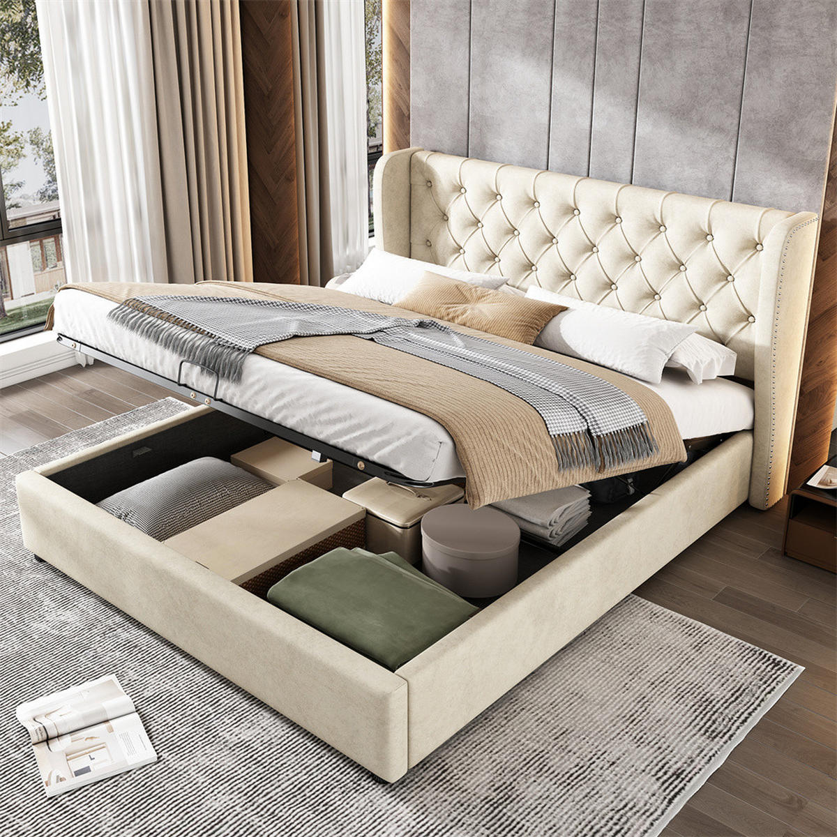 POLSTERBETT 140/200 cm in Beige Samt - Beige, Holz/Textil (140/200cm) - KOMHTOM