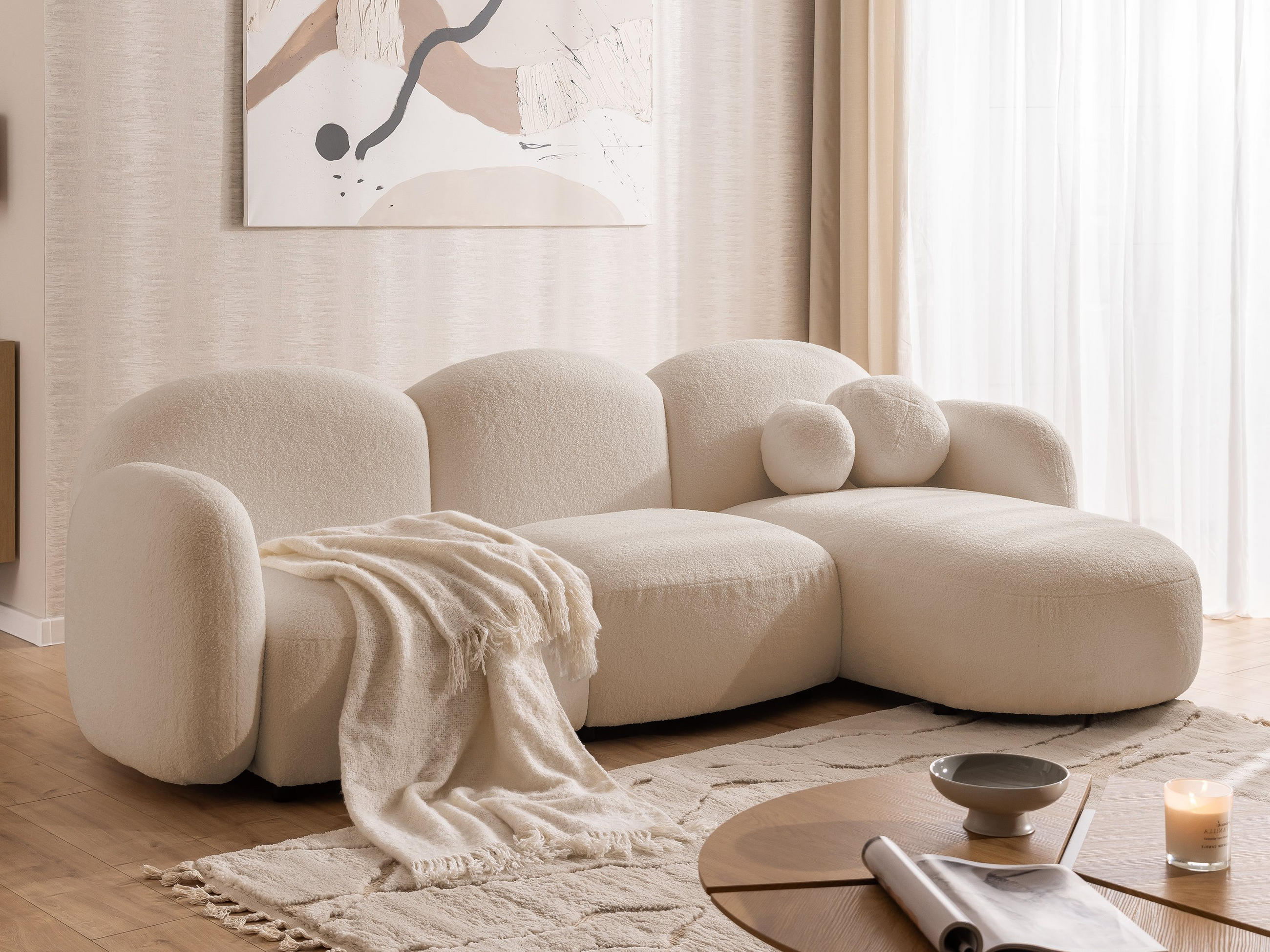 ECKSOFA Nuvola mit abgerundetem Design Hellbeige Bouclé-Stoff - Ottomane Rechts - Beige/Schwarz, Holz/Kunststoff (268/146cm) - S-Style Möbel